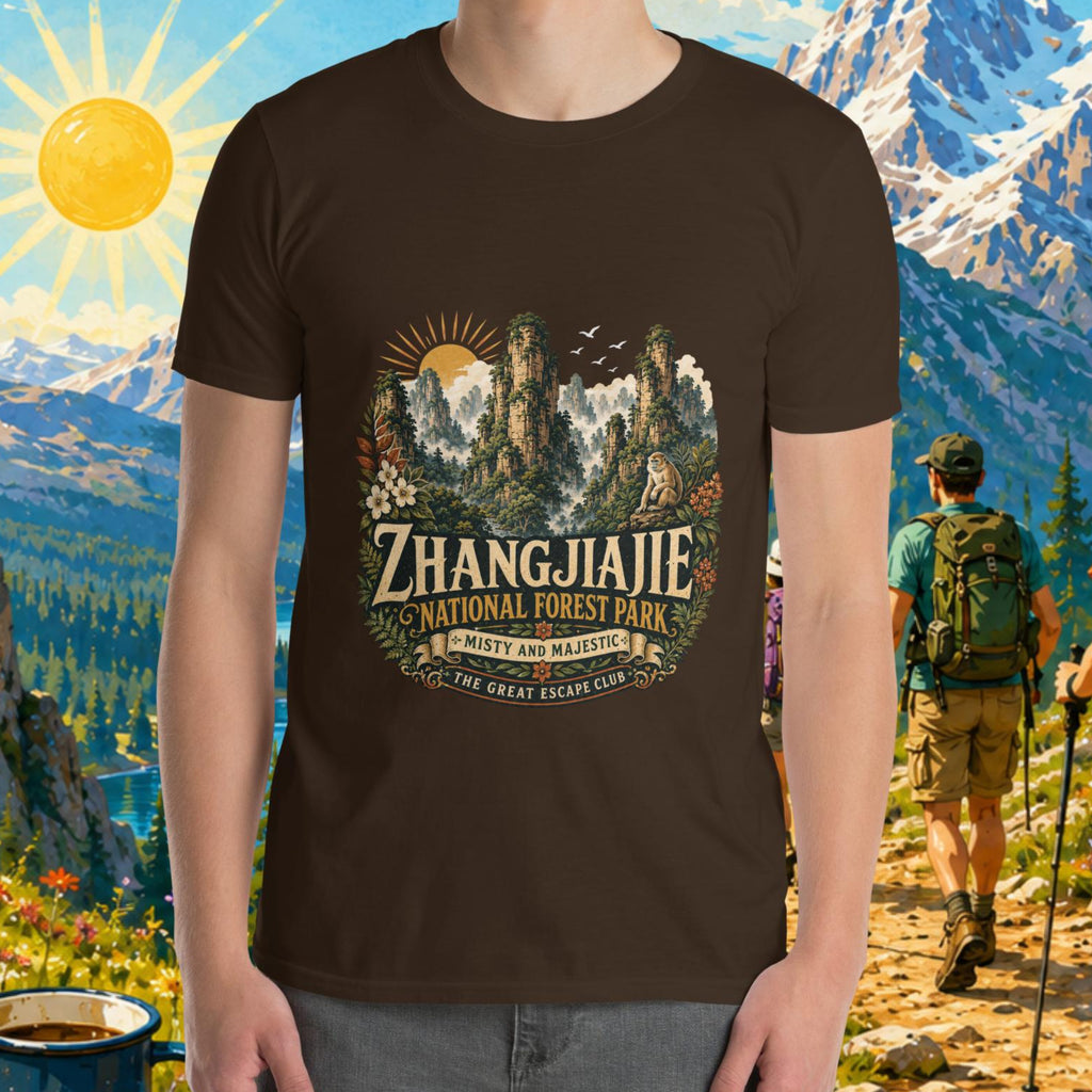 Person wearing a t-shirt with Zhangjiajie National Forest Park design against a scenic mountain backdrop.