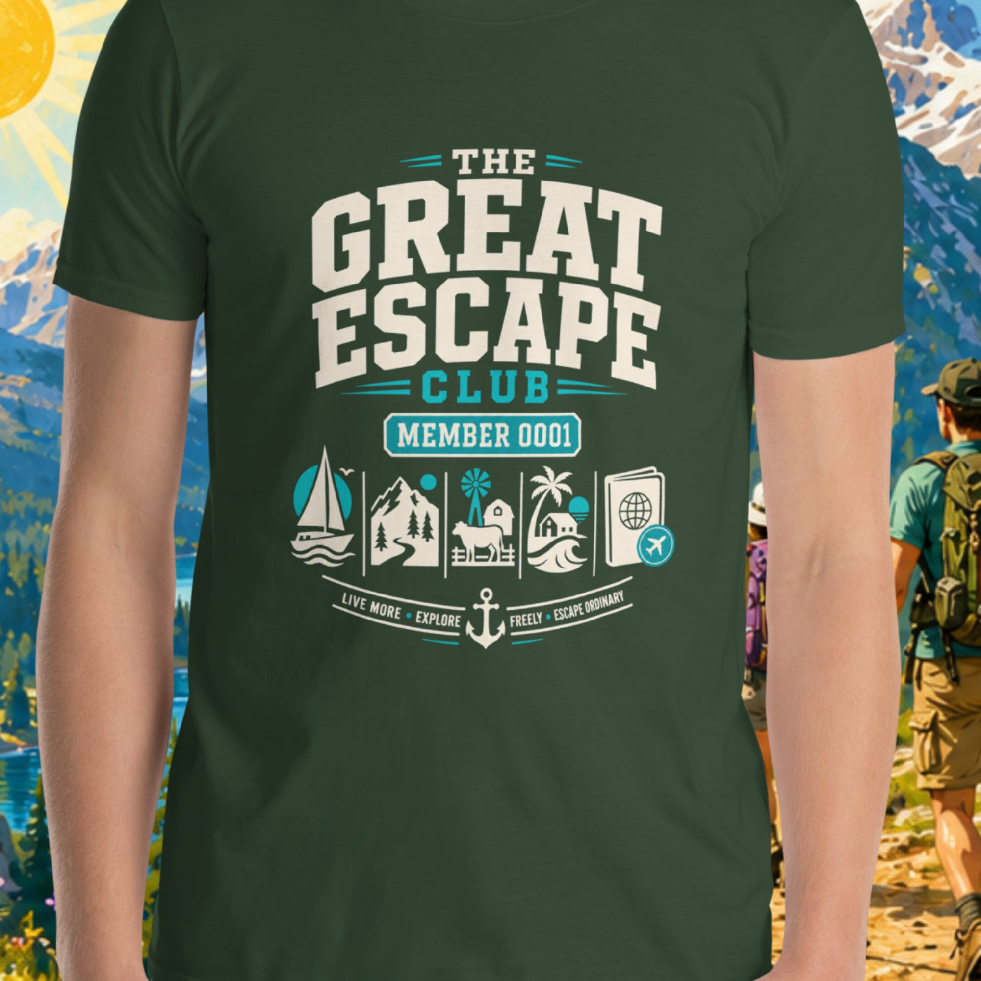 Person wearing a green t-shirt with 'The Great Escape Club' design against a mountainous background.