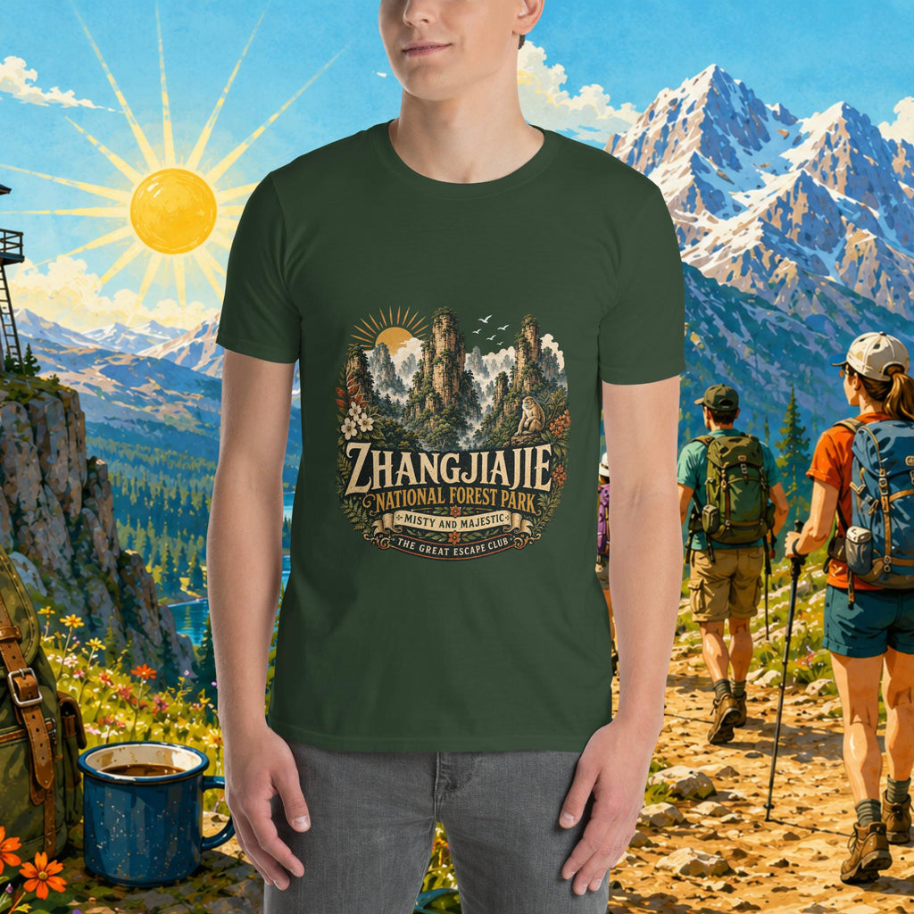 Person wearing a green t-shirt with Zhangjiajie National Forest Park design, standing in front of a scenic mountain backdrop.