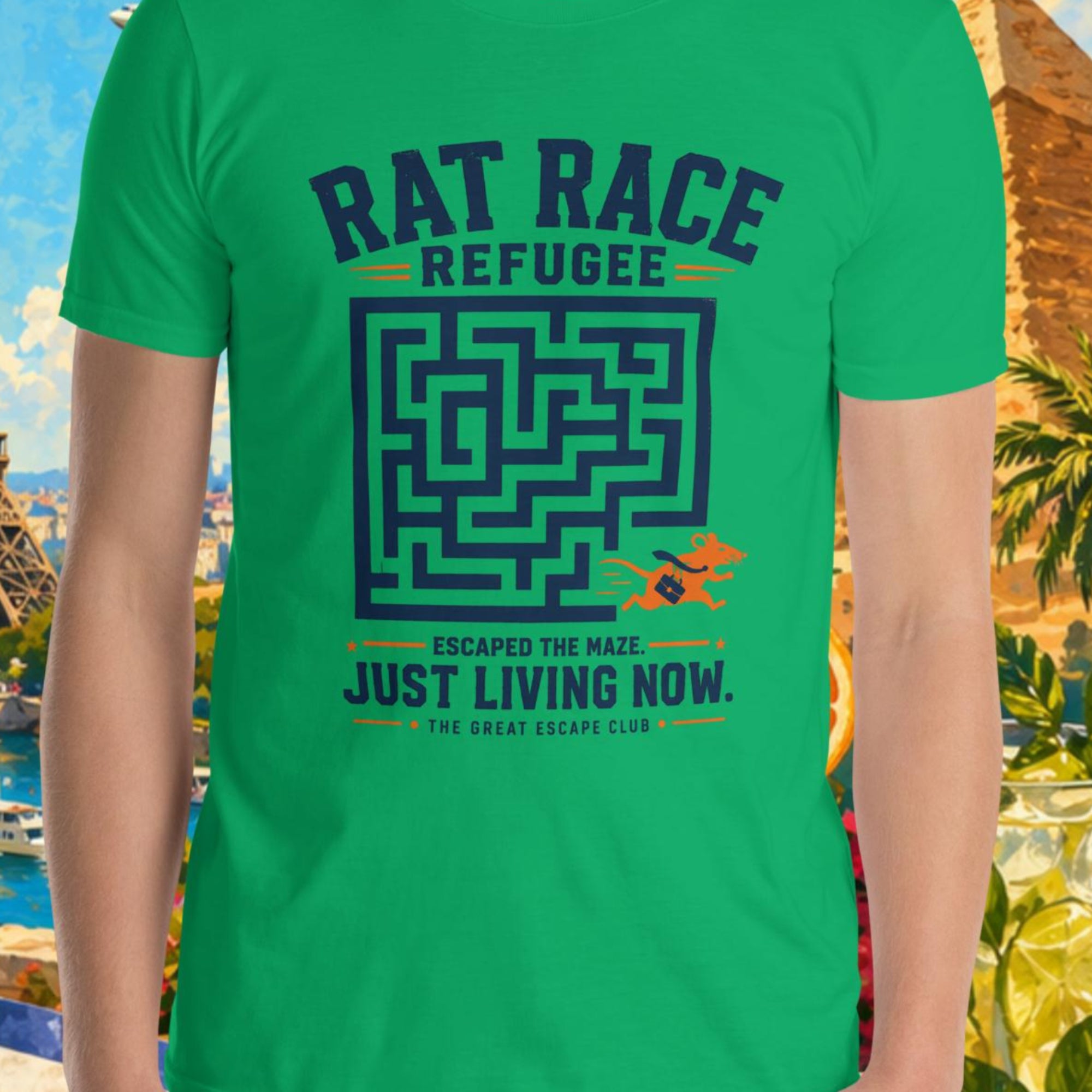 Person wearing a green t-shirt with a maze design and text, set against a colorful background with landmarks and nature.