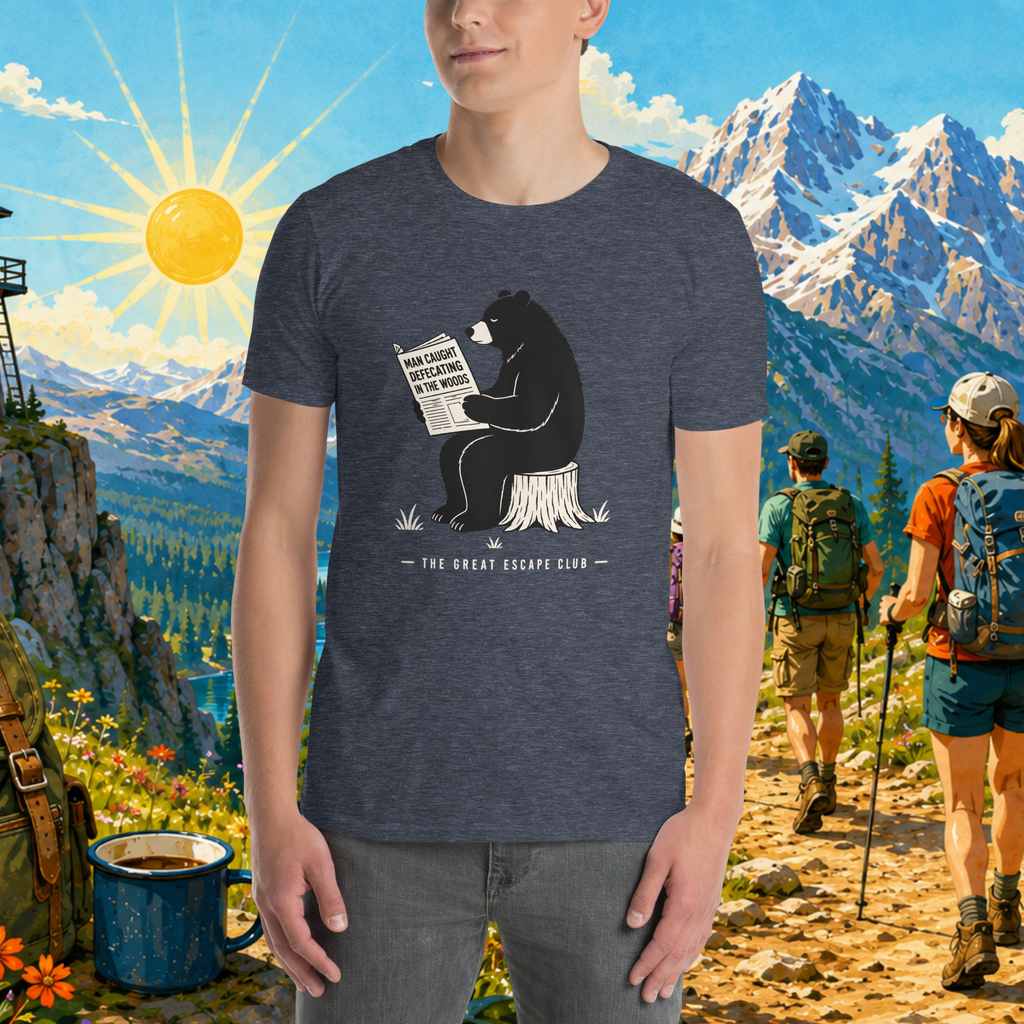 Person wearing a t-shirt with a bear graphic and text, set against a scenic mountain backdrop