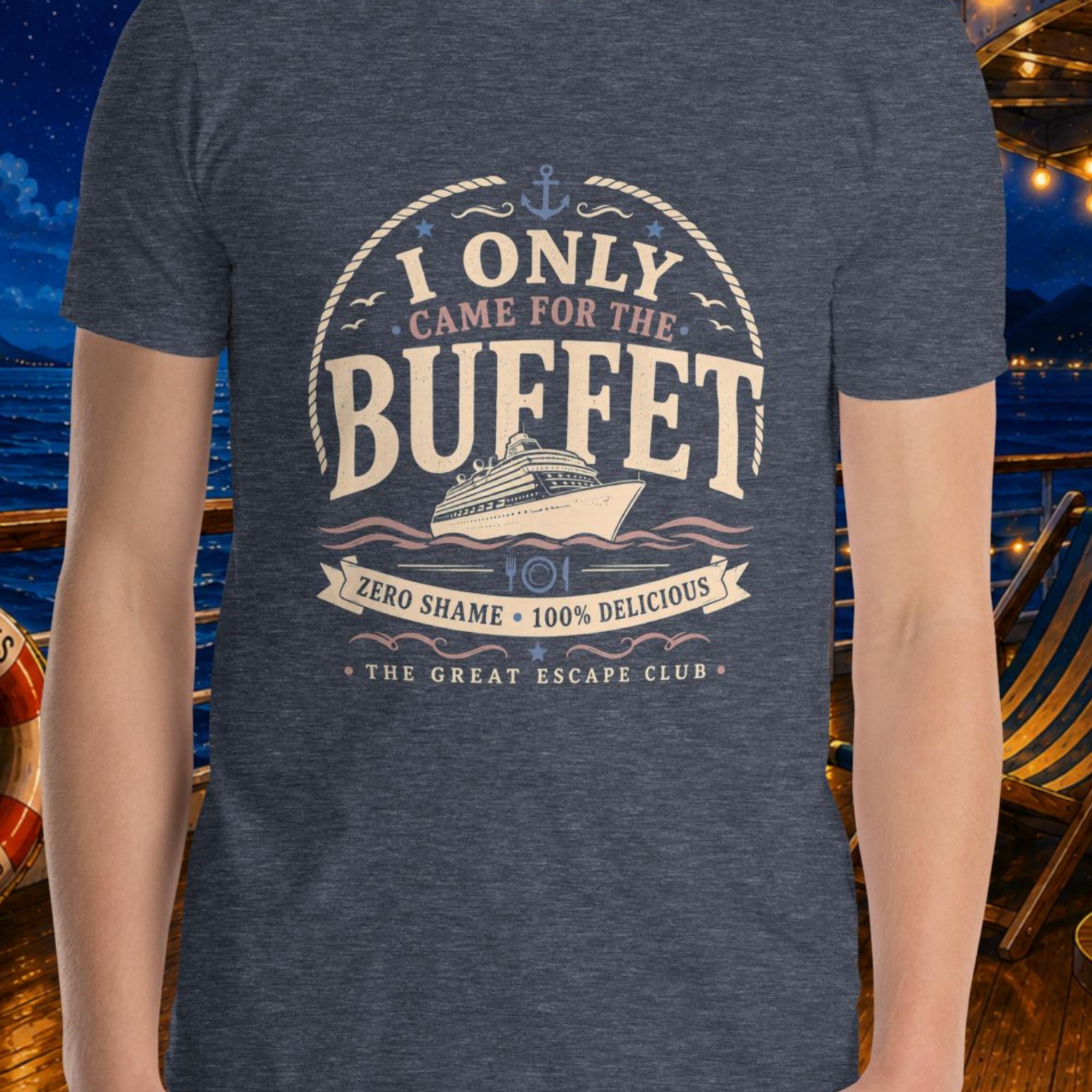 I Only Came for the Buffet heather navy unisex T-shirt with vintage cruise ship, nautical rope, anchor and buffet badge design