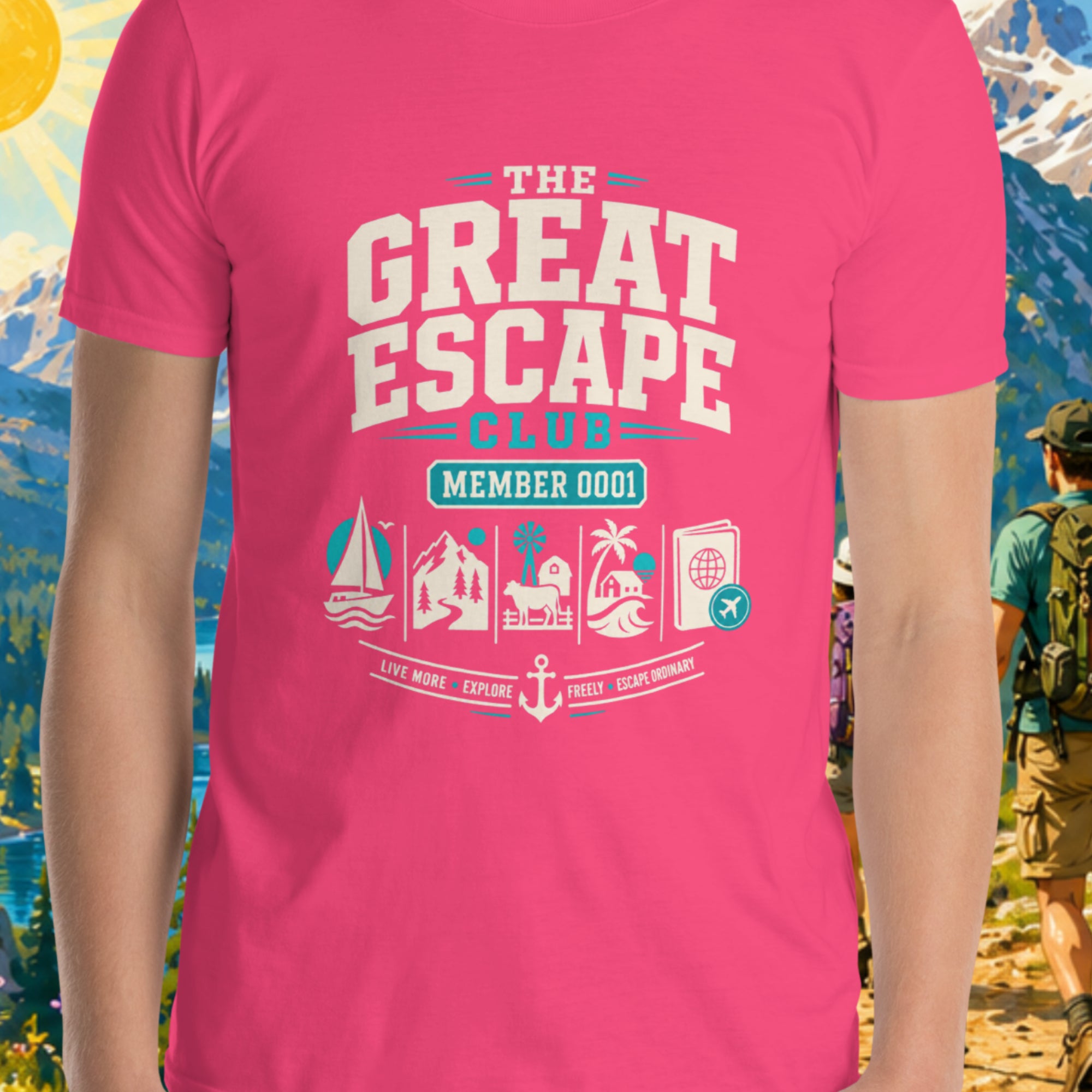 Person wearing a pink t-shirt with 'The Great Escape Club' design against a scenic mountain backdrop.