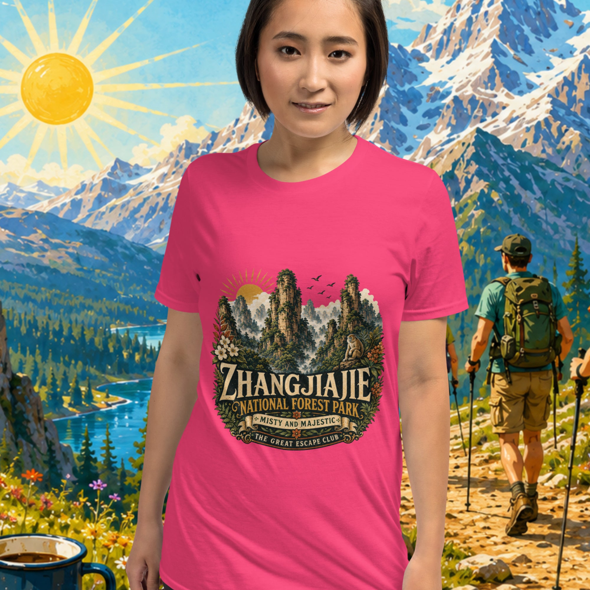 Woman wearing a pink t-shirt with Zhangjiajie National Forest Park design, standing in front of a scenic mountain backdrop.