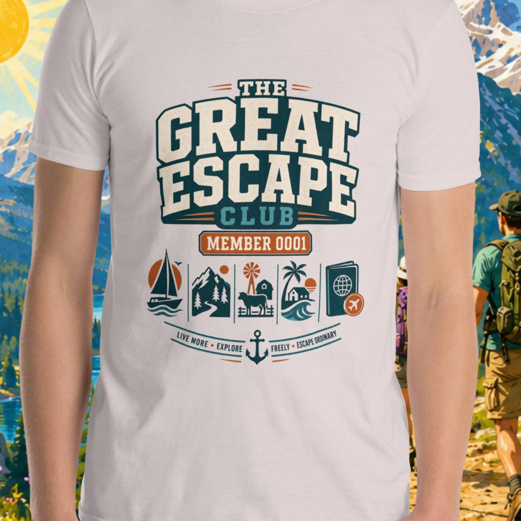 Person wearing a 'The Great Escape Club' t-shirt with a scenic mountain background