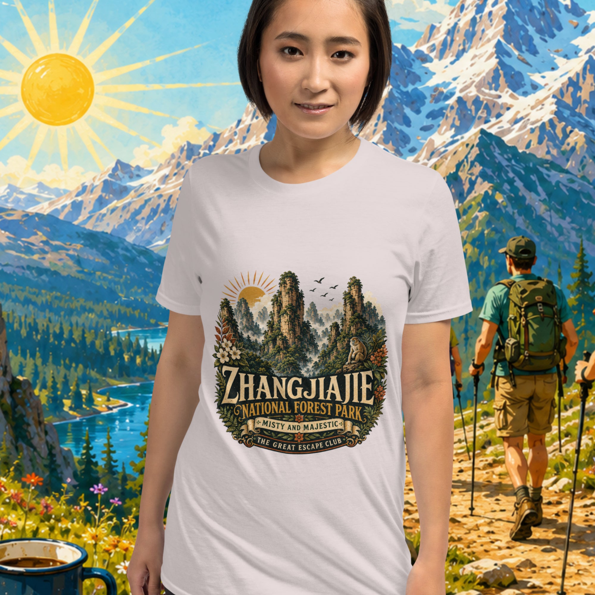 Person wearing a t-shirt with Zhangjiajie National Forest Park design, standing in front of a scenic mountain backdrop.