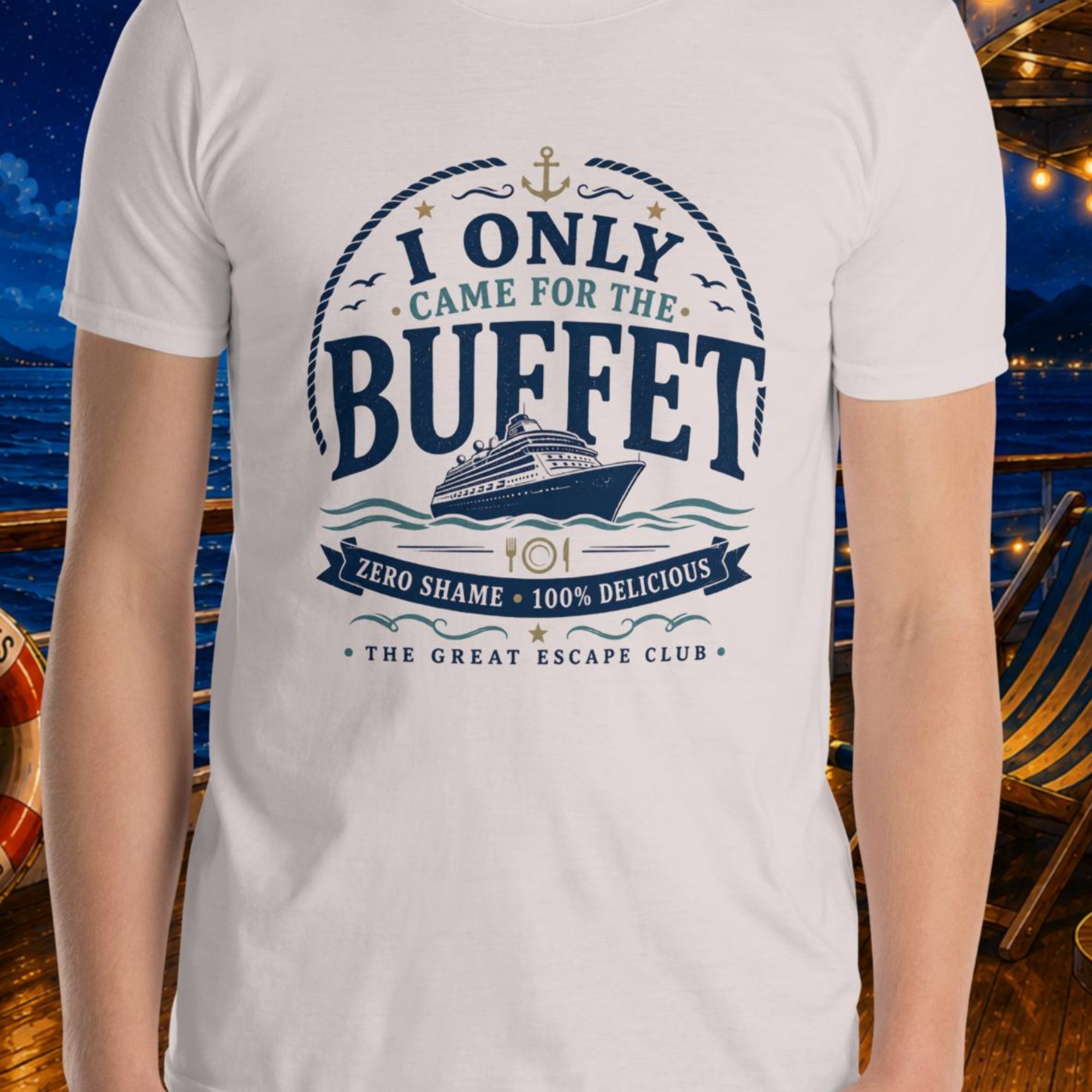 I Only Came for the Buffet unisex ice grey T-shirt with vintage cruise ship, nautical rope, anchor and buffet badge design