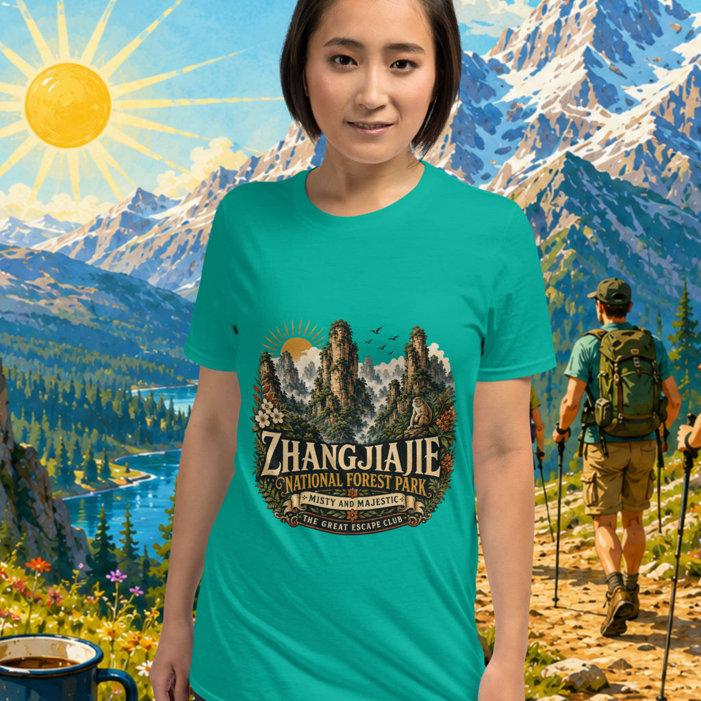 Person wearing a turquoise t-shirt with Zhangjiajie National Forest Park design, standing in front of a scenic mountain backdrop.