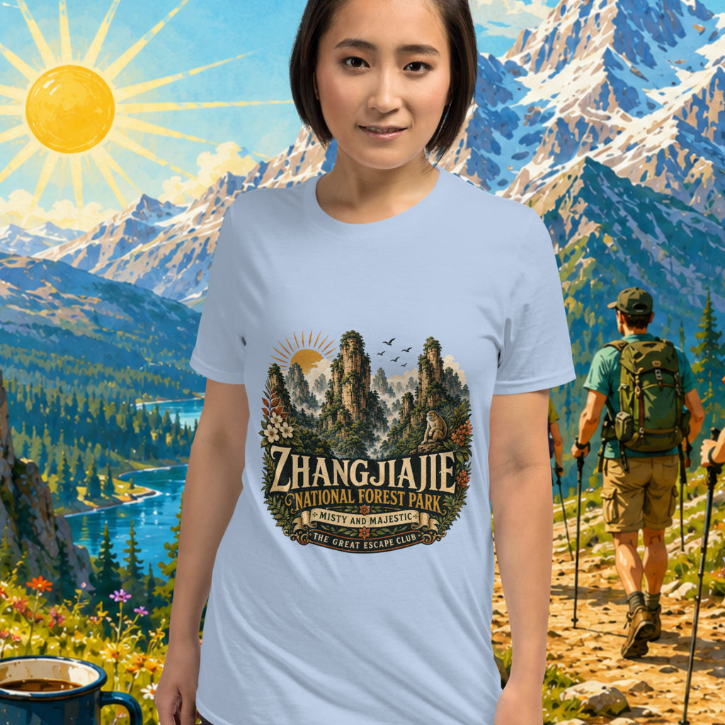 Woman wearing a t-shirt with Zhangjiajie National Forest Park design, standing in front of a scenic mountain backdrop.