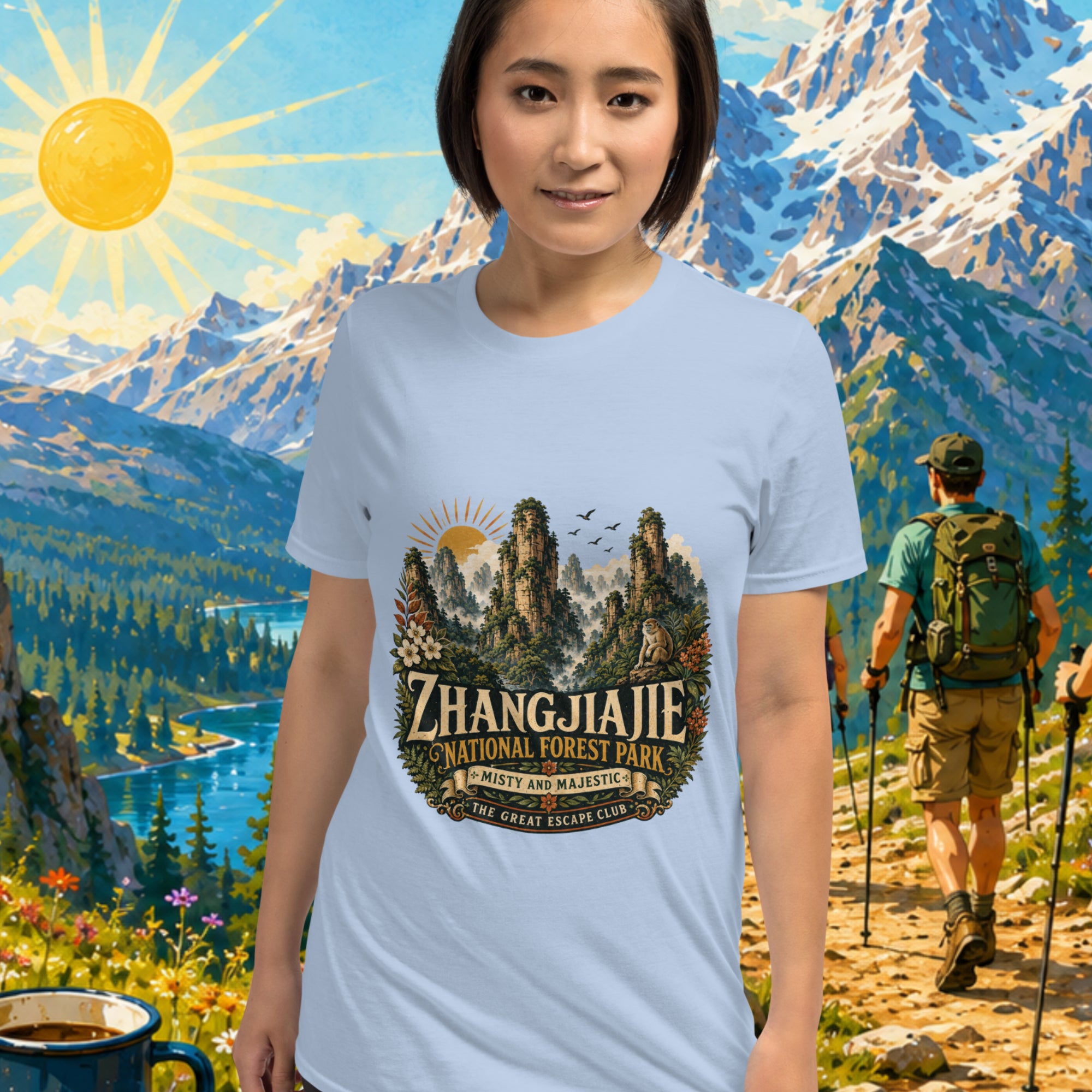 Woman wearing a t-shirt with Zhangjiajie National Forest Park design, standing in front of a scenic mountain backdrop.