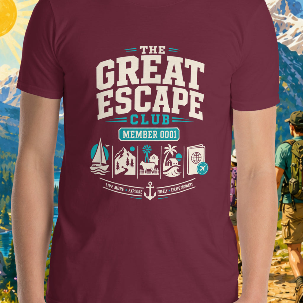 Person wearing a maroon t-shirt with 'The Great Escape Club' design against a scenic mountain backdrop.