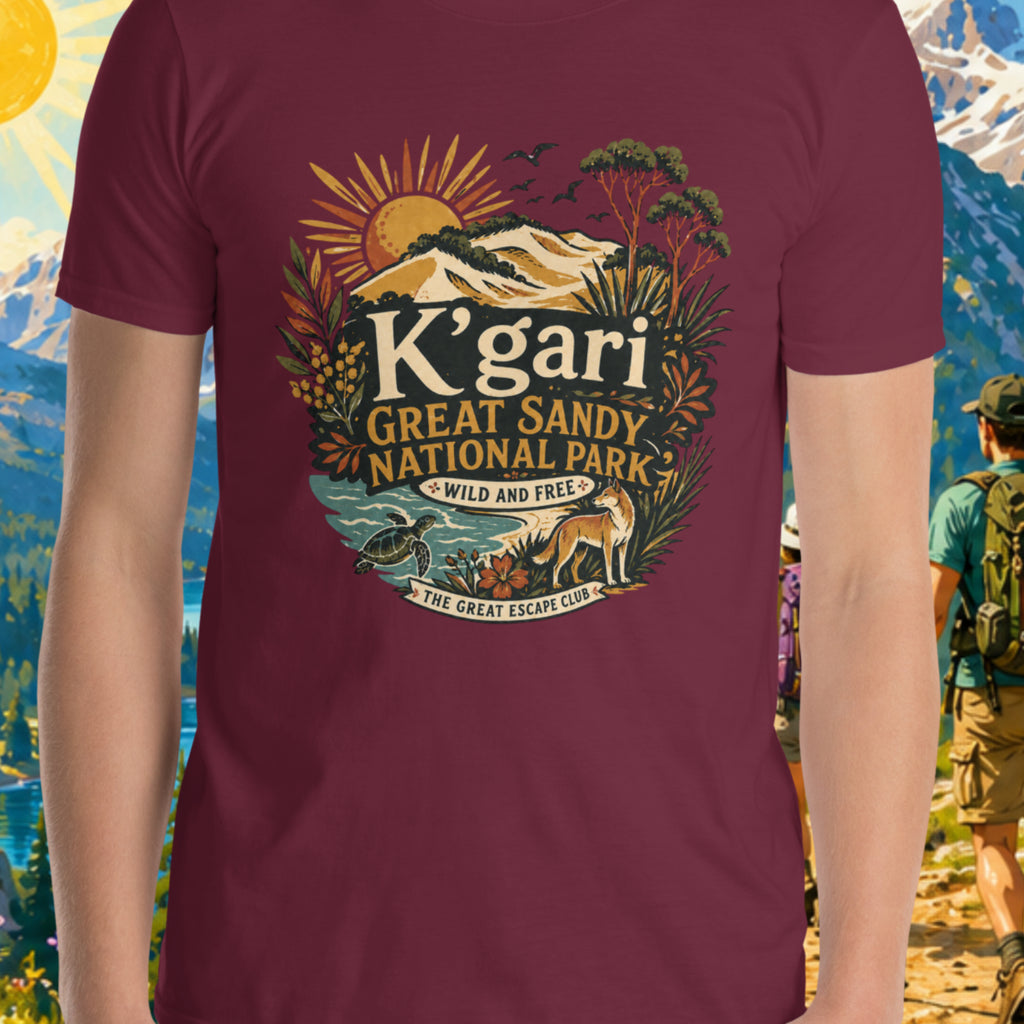 K'gari Great Sandy National Forest Park unisex Maroon T-shirt featuring a vintage Australian national park design with The Great Escape Club branding. Fraser Island.
