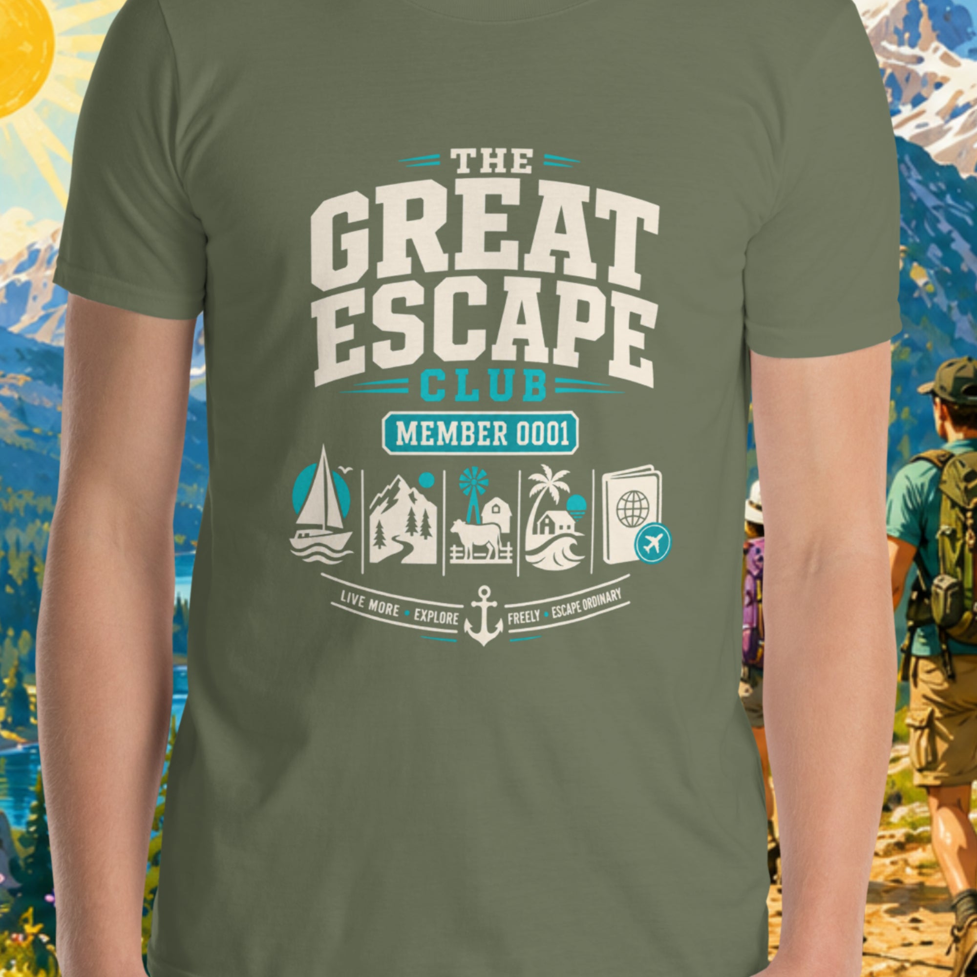 Person wearing a green t-shirt with 'The Great Escape Club' design in front of a scenic background.