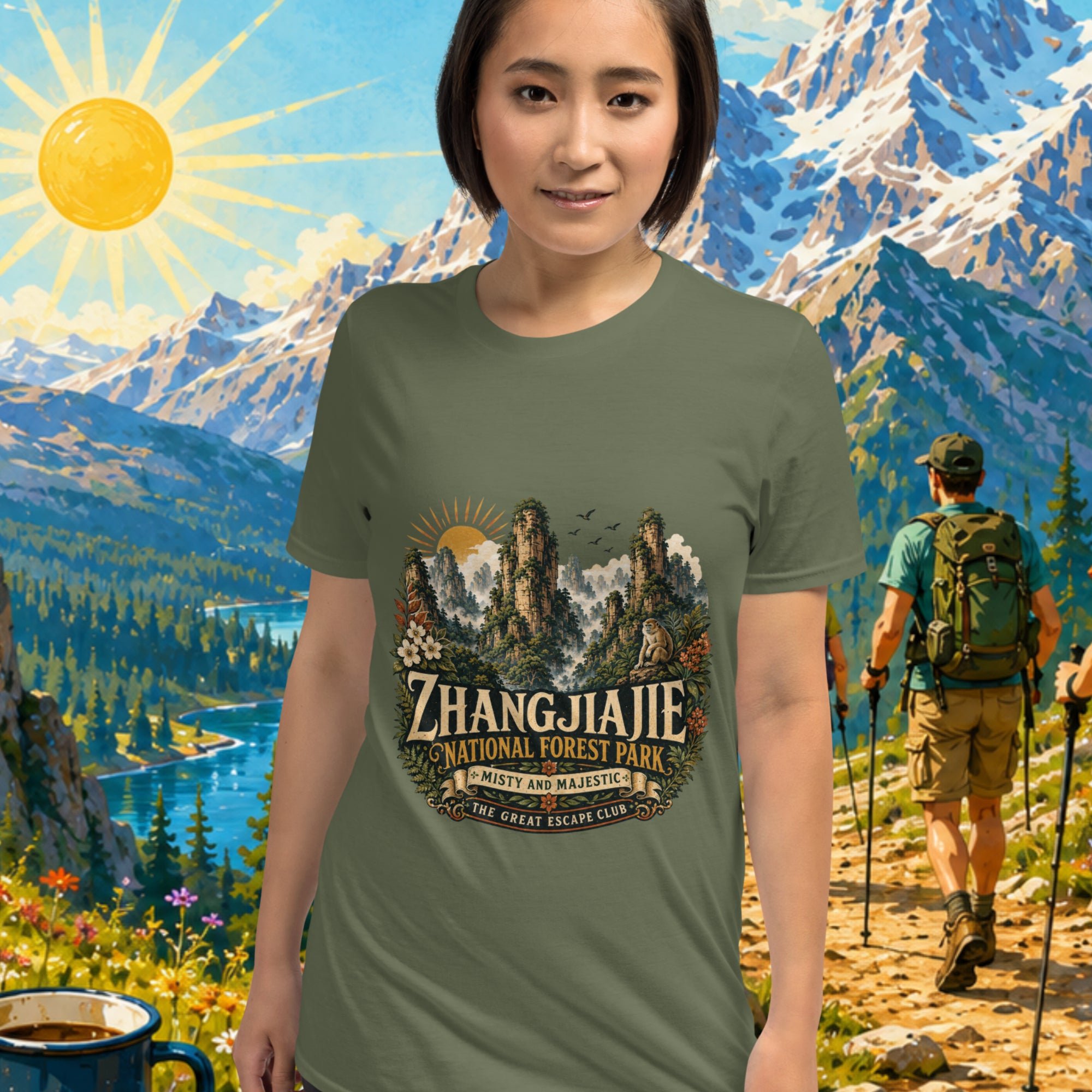 Woman wearing a t-shirt with Zhangjiajie National Forest Park design against a scenic mountain backdrop.