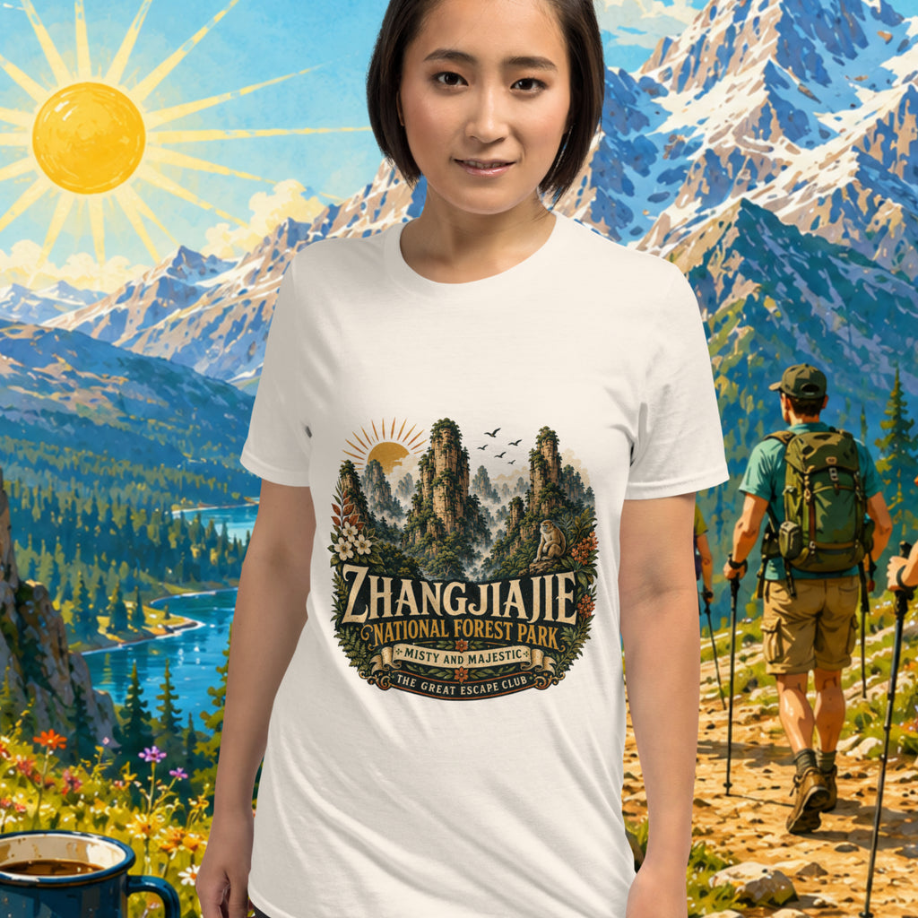 Woman wearing a t-shirt with Zhangjiajie National Forest Park design against a scenic mountain backdrop.