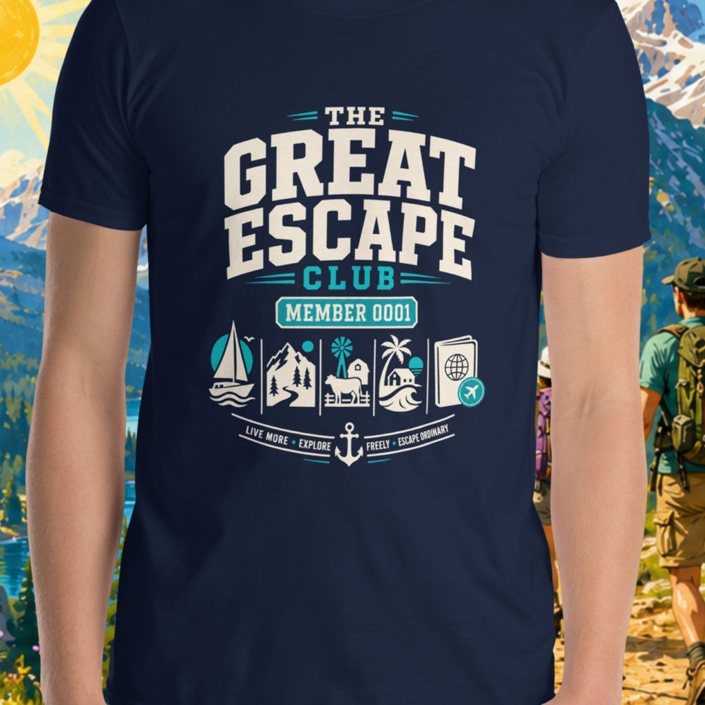Person wearing a navy blue t-shirt with 'The Great Escape Club' design against a mountainous landscape.