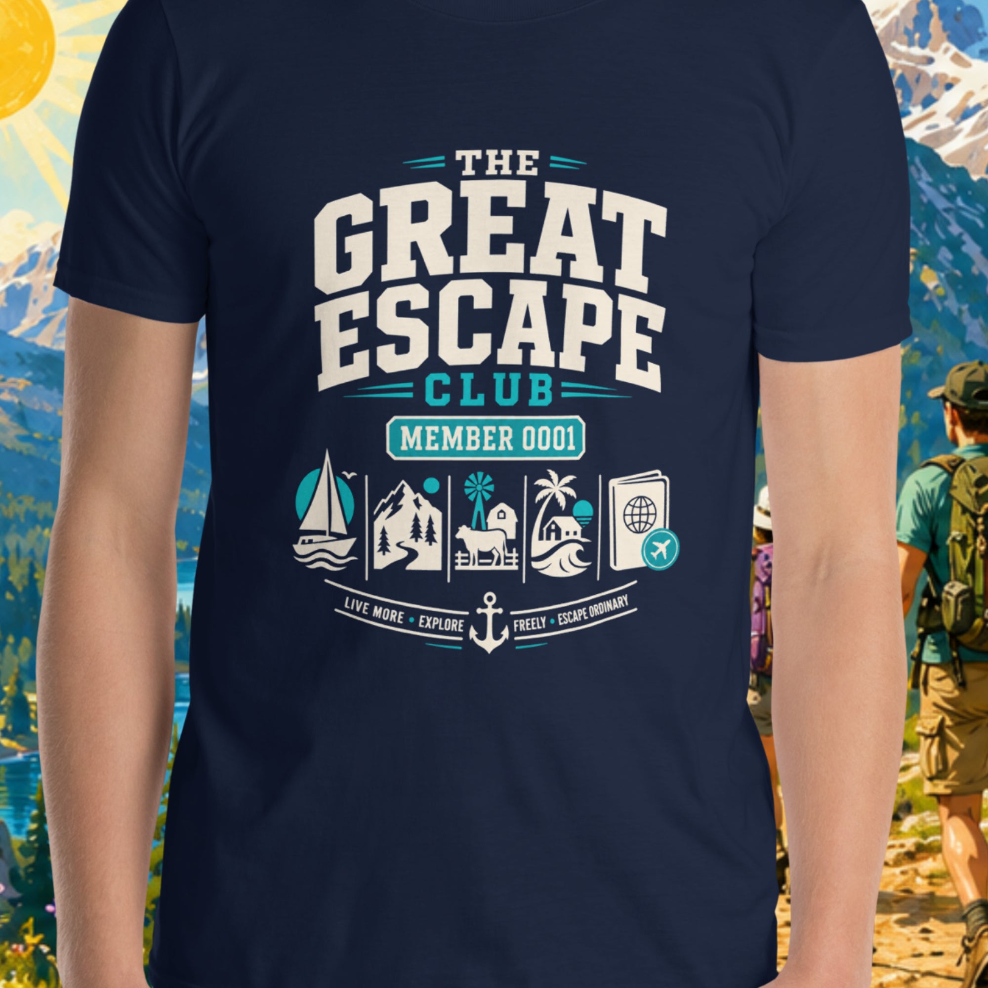 Person wearing a navy blue t-shirt with 'The Great Escape Club' design against a mountainous landscape.