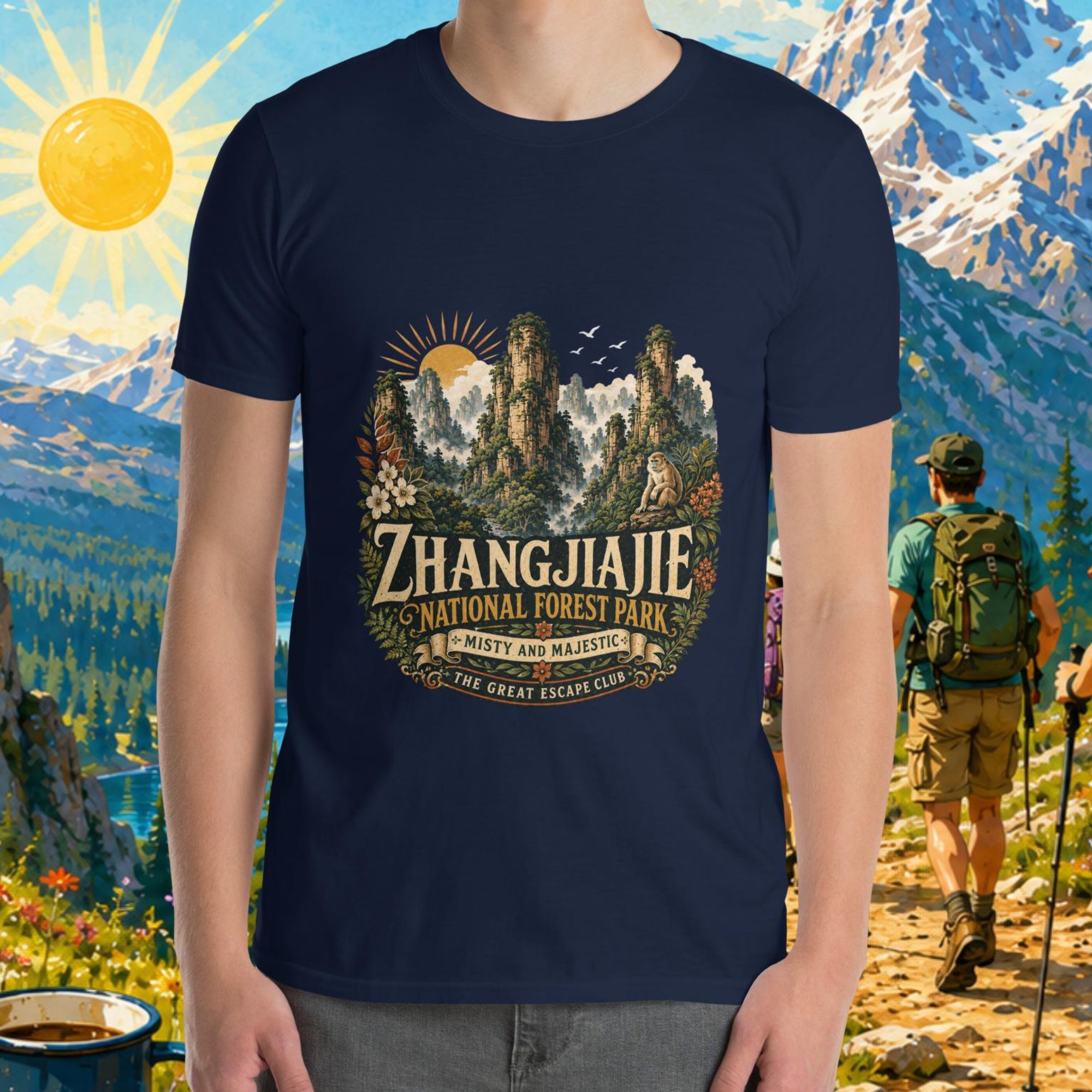 Person wearing a navy blue t-shirt with Zhangjiajie National Forest Park design, standing in front of a scenic mountain backdrop.