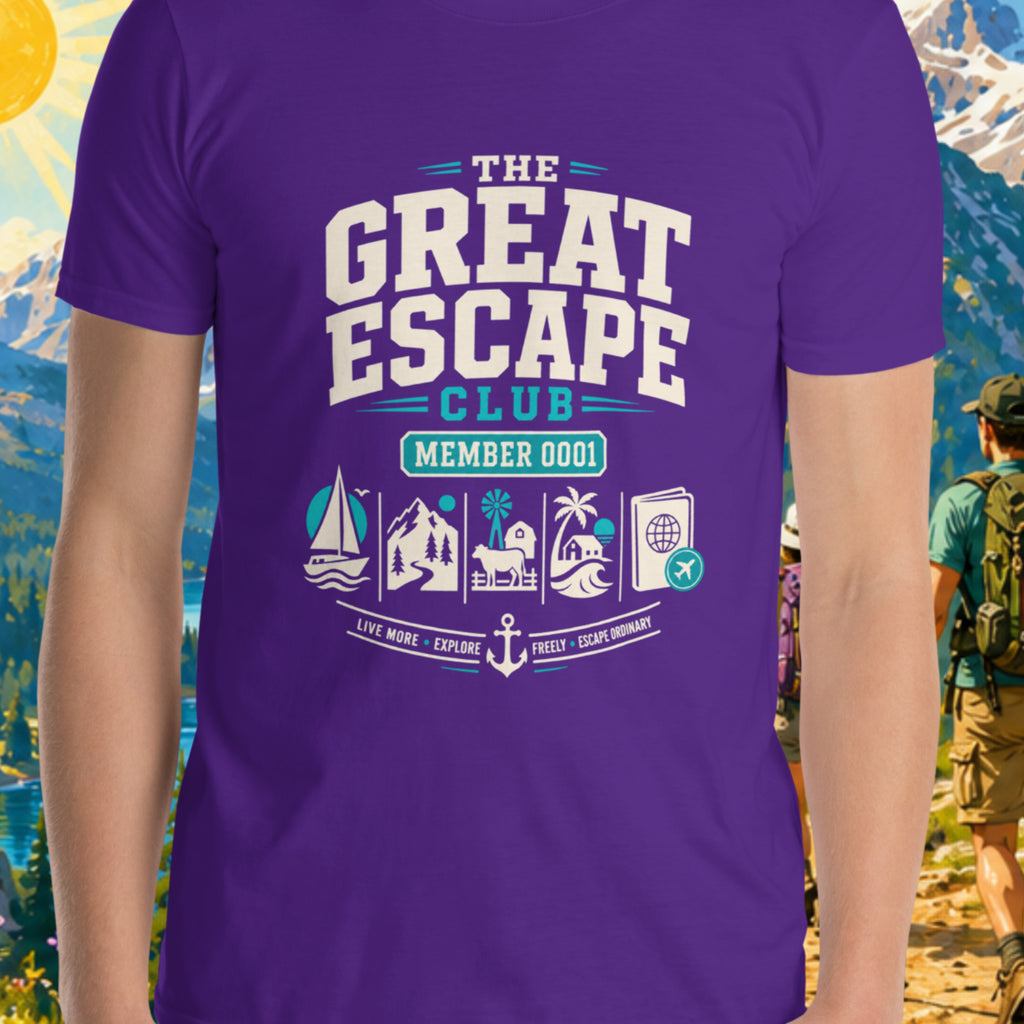 Person wearing a purple t-shirt with 'The Great Escape Club' design against a scenic mountain backdrop.