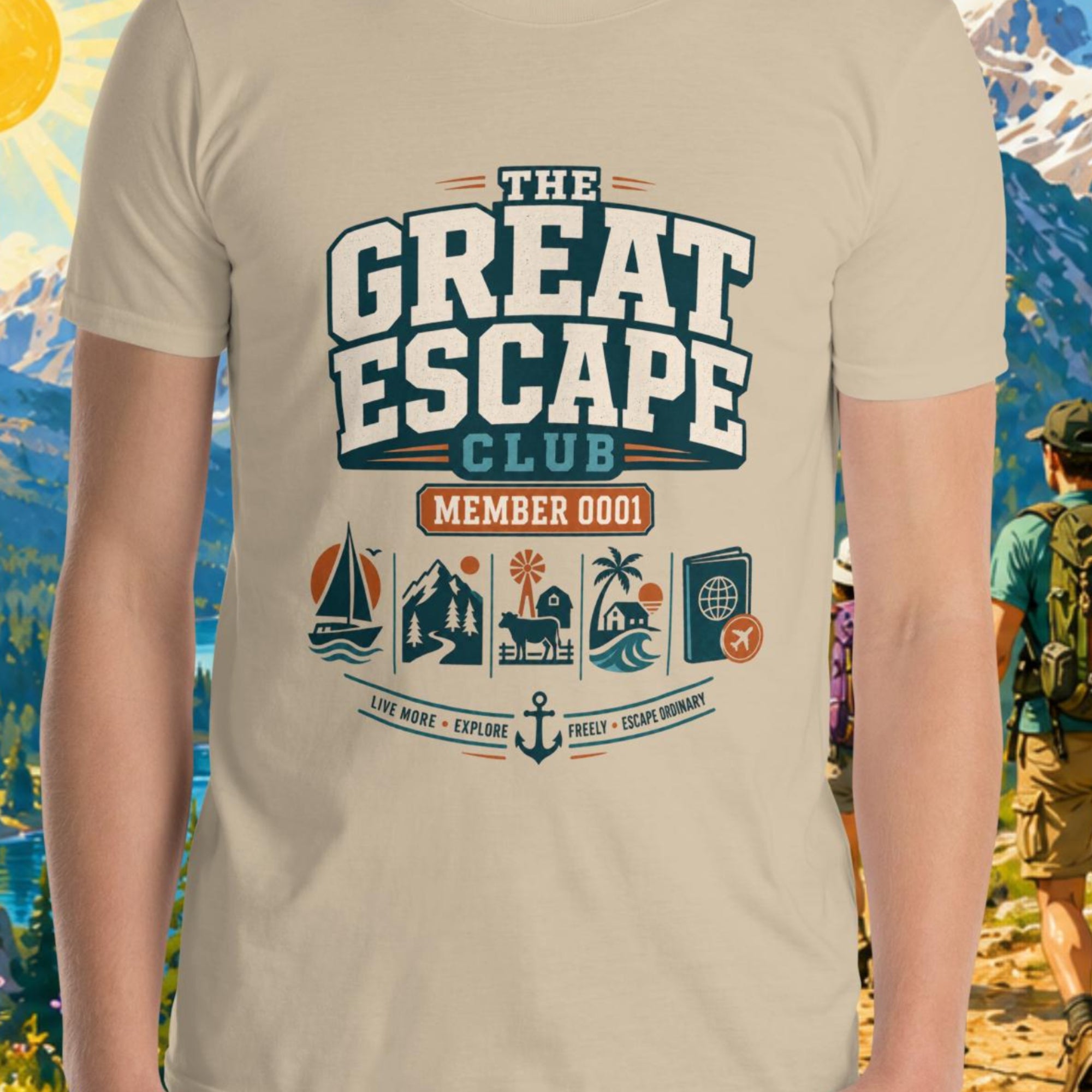Beige t-shirt with 'The Great Escape Club' design featuring outdoor icons and text.