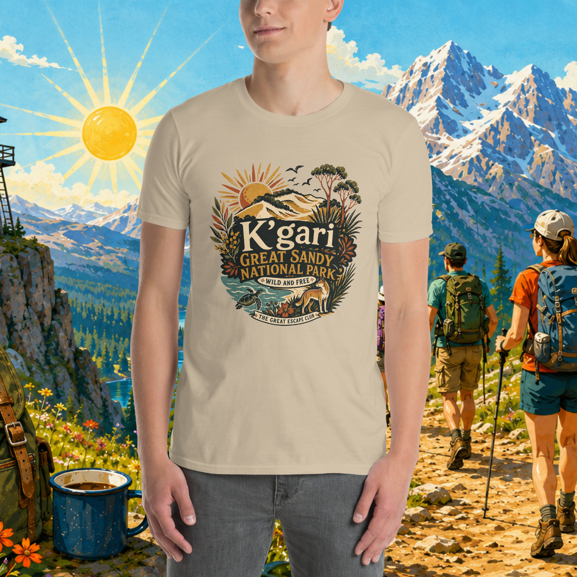 K'gari Great Sandy National Forest Park unisex Black T-shirt featuring a vintage Australian national park design with The Great Escape Club branding | Fraser Island.