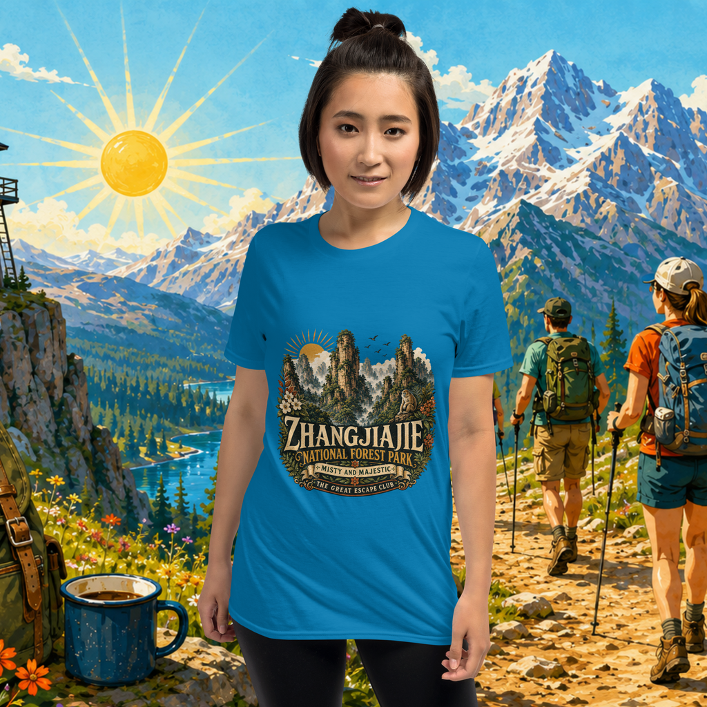 Person wearing a blue t-shirt with Zhangjiajie National Forest Park design, standing in front of a scenic mountain landscape.