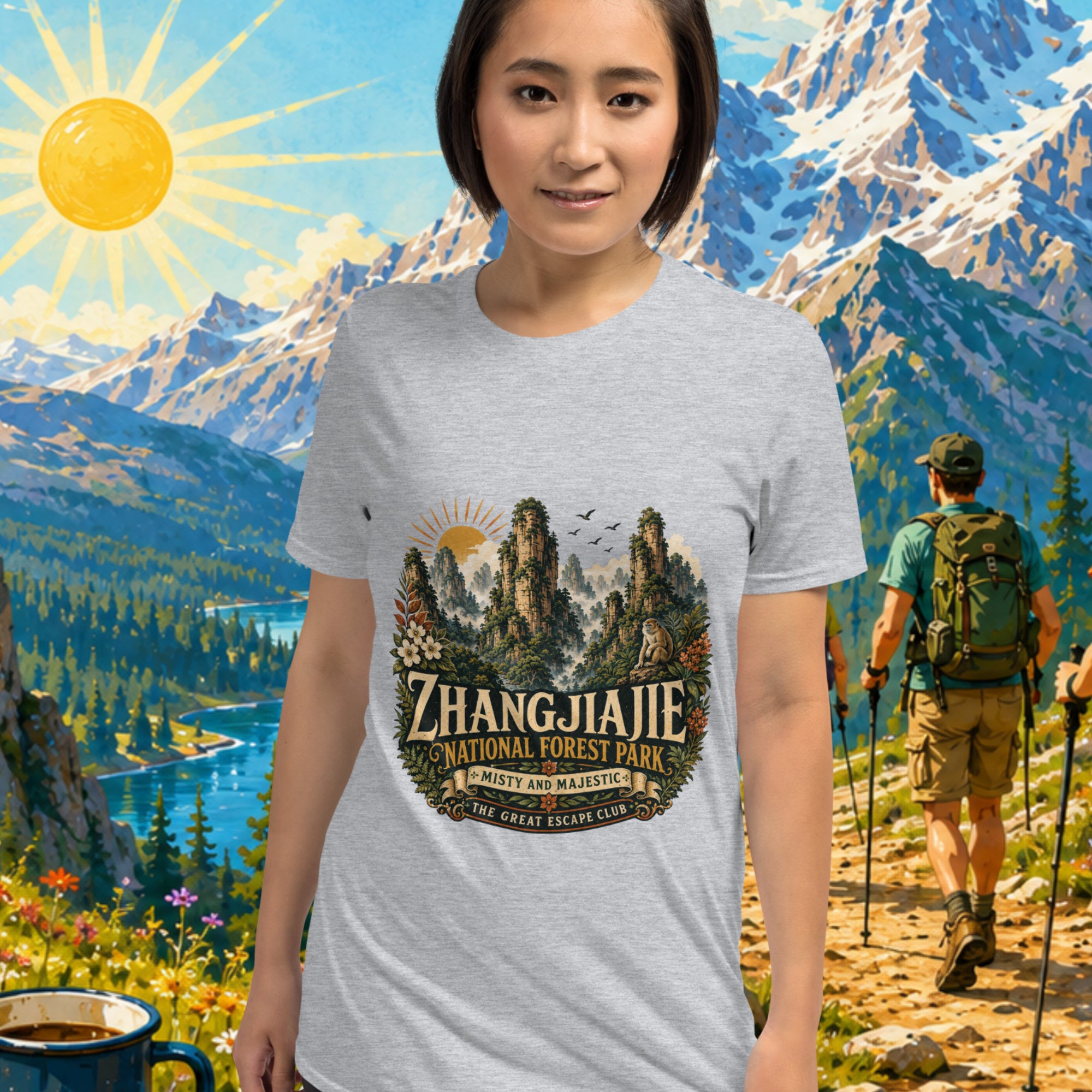Woman wearing a t-shirt with Zhangjiajie National Forest Park design against a scenic mountain backdrop.