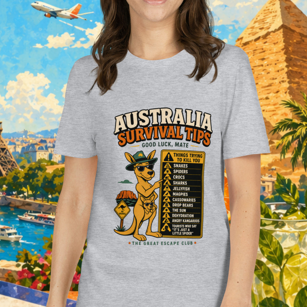 Person wearing a t-shirt with 'Australia Survival Tips' design in front of travel-themed collage