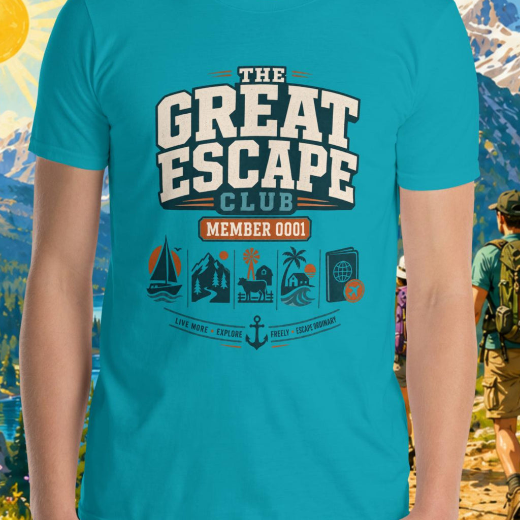 Person wearing a blue t-shirt with 'The Great Escape Club' design in front of a scenic mountain backdrop.