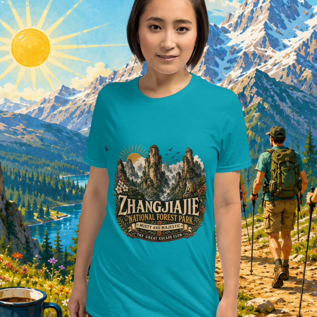 Person wearing a blue t-shirt with Zhangjiajie National Forest Park design, standing in front of a scenic mountain backdrop.