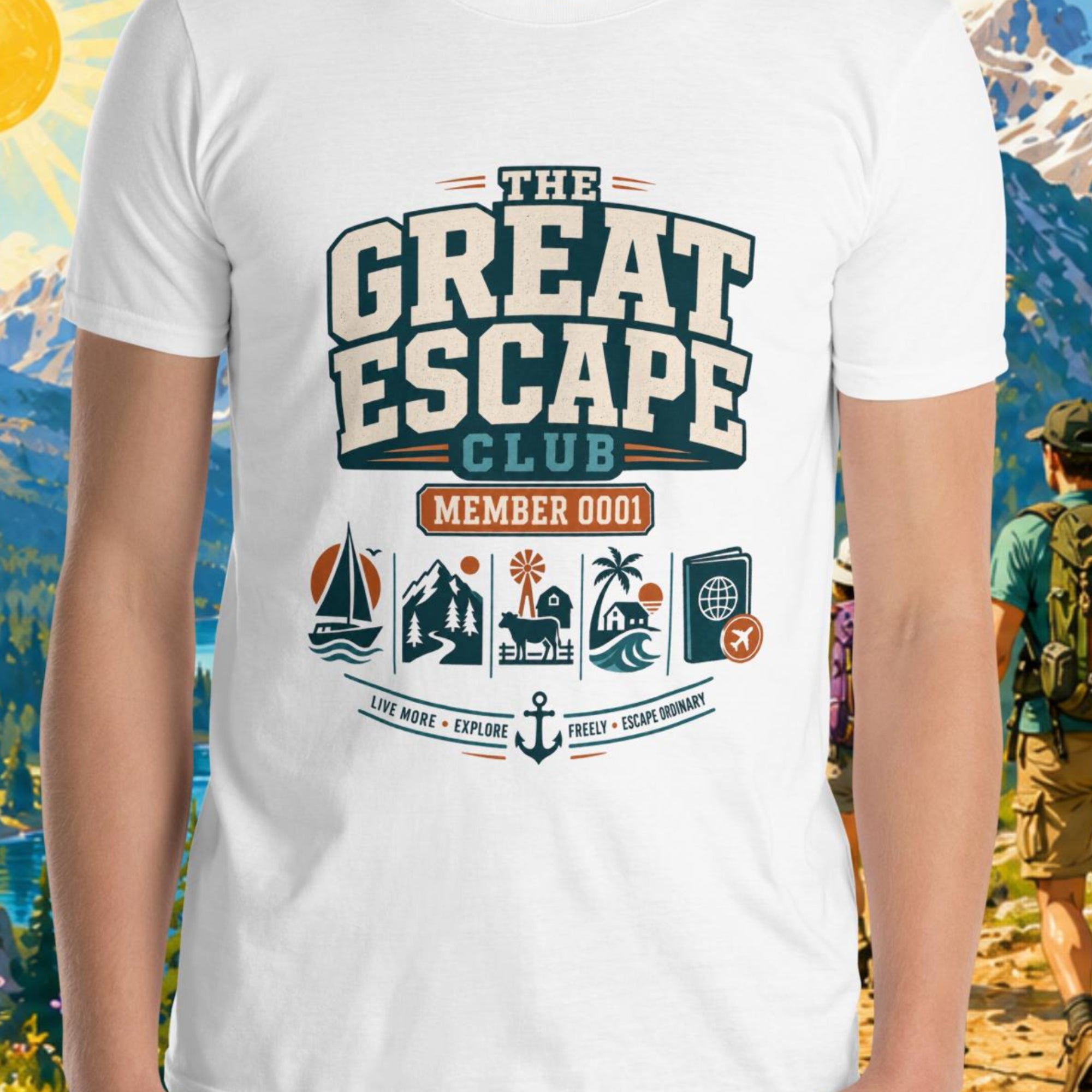 Person wearing a 'The Great Escape Club' t-shirt with a scenic mountain background