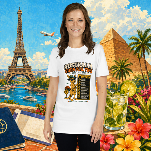 Woman wearing a white t-shirt with 'Australia Survival Tips' design, standing in front of a colorful travel-themed background.
