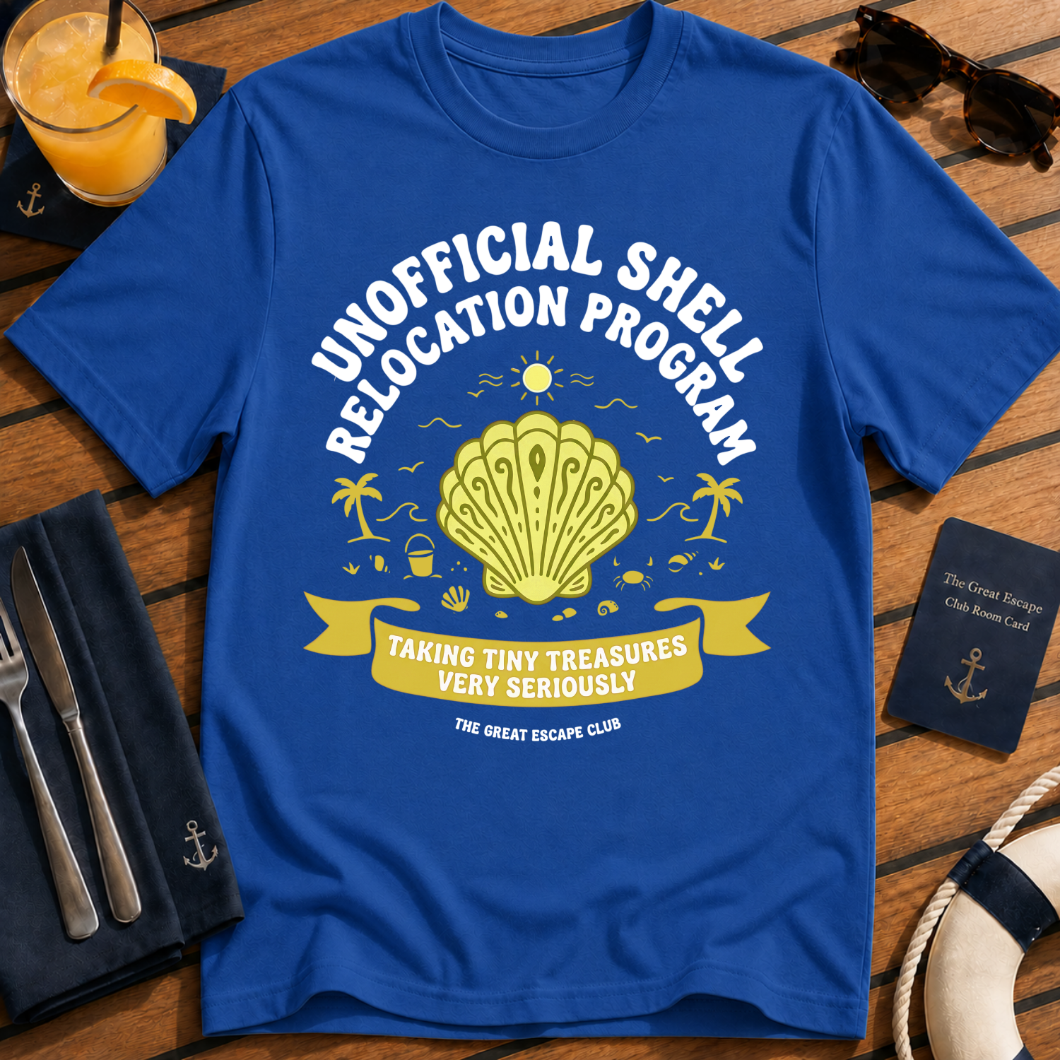 Unofficial Shell Relocation Program beachcombing cruise t-shirt design on Royal Blue shirt