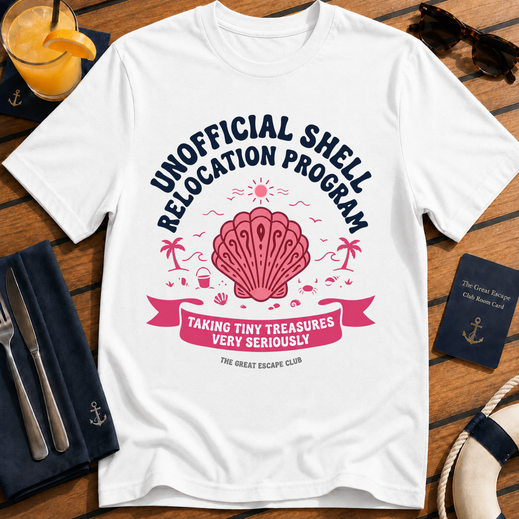 Unofficial Shell Relocation Program beachcombing cruise t-shirt design on White shirt