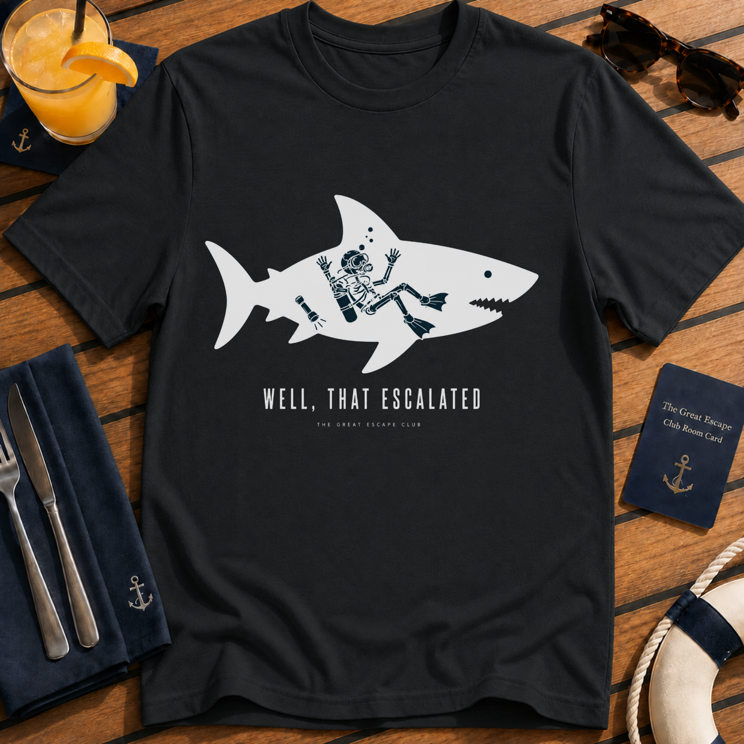 Well That Escalated funny shark cruise t-shirt design on Black shirt