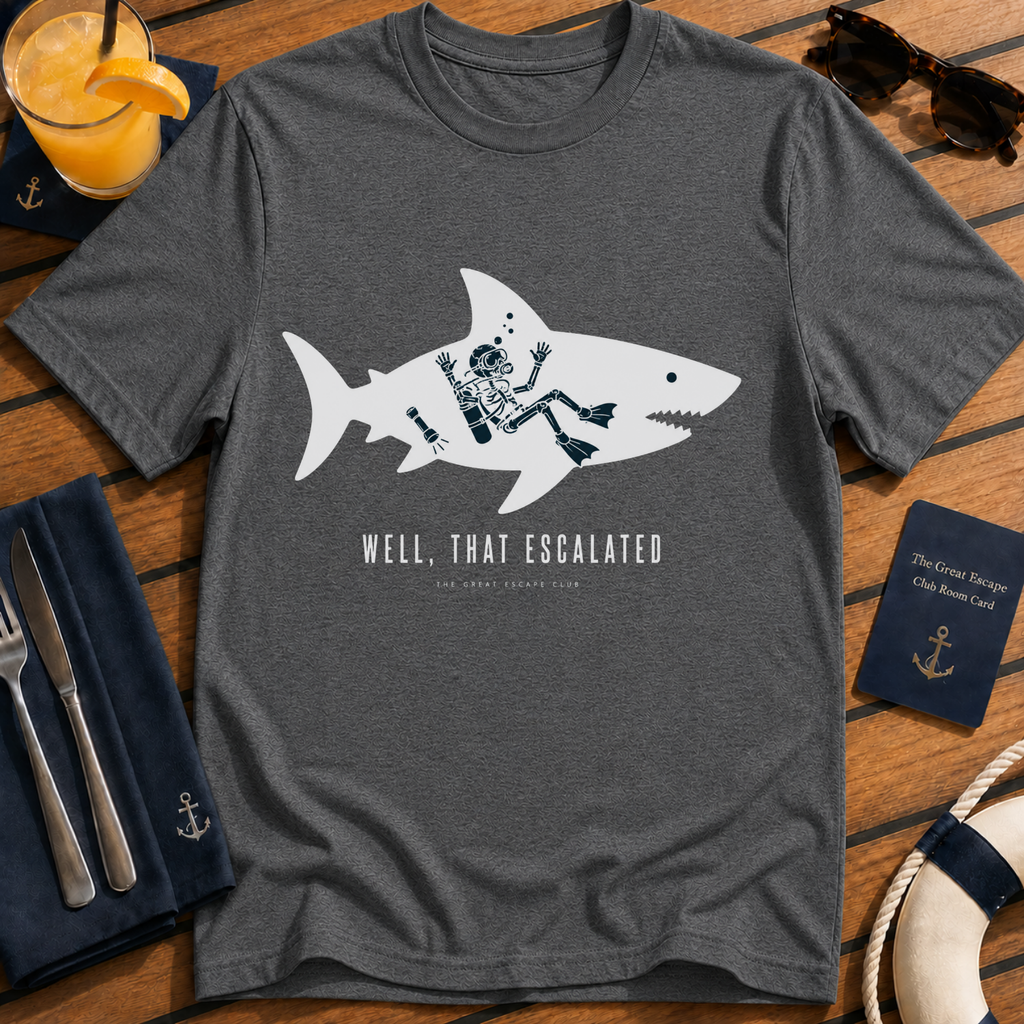 Well That Escalated funny shark cruise t-shirt design on Dark Heather shirt