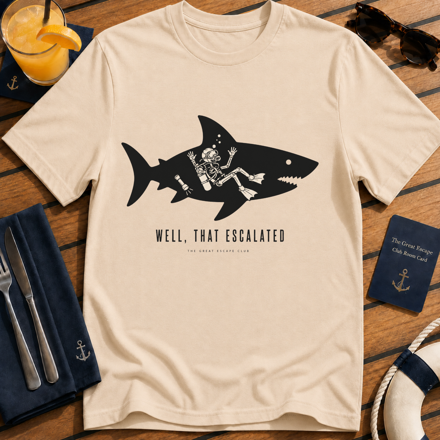 Well That Escalated funny shark cruise t-shirt design on Natural shirt