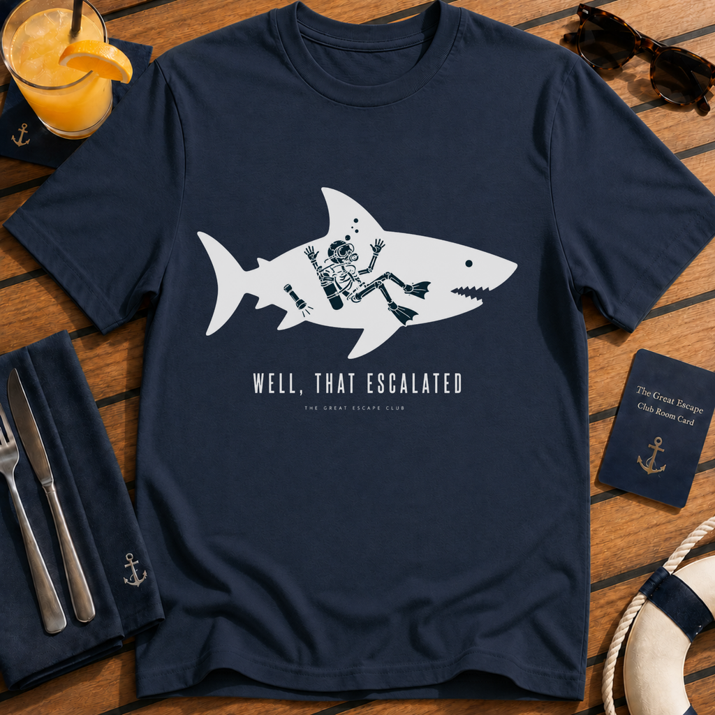 Well That Escalated funny shark cruise t-shirt design on Navy shirt