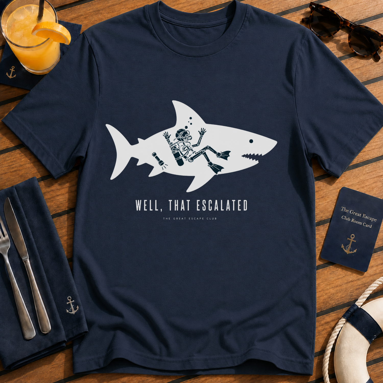 Well That Escalated funny shark cruise t-shirt design on Navy shirt