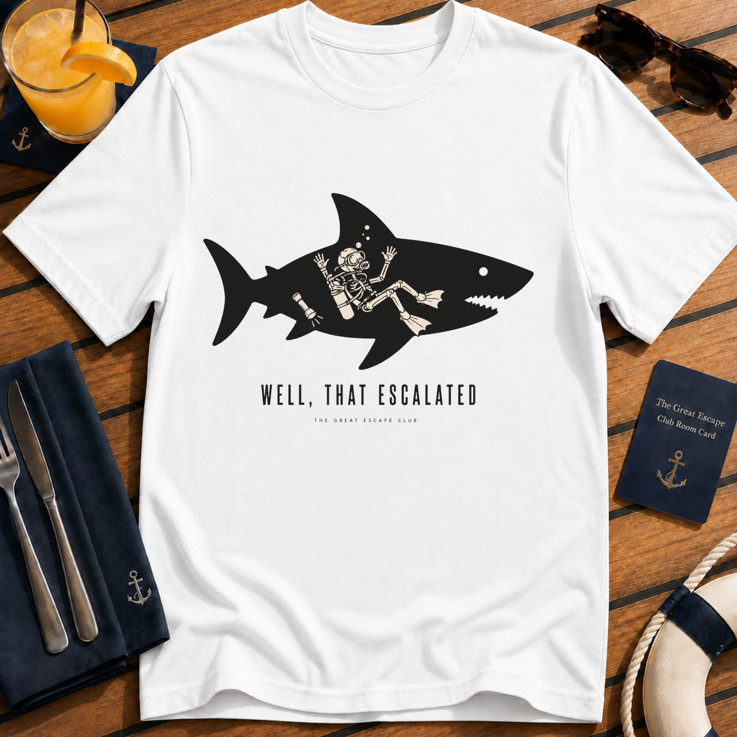 Well That Escalated funny shark cruise t-shirt design on White shirt