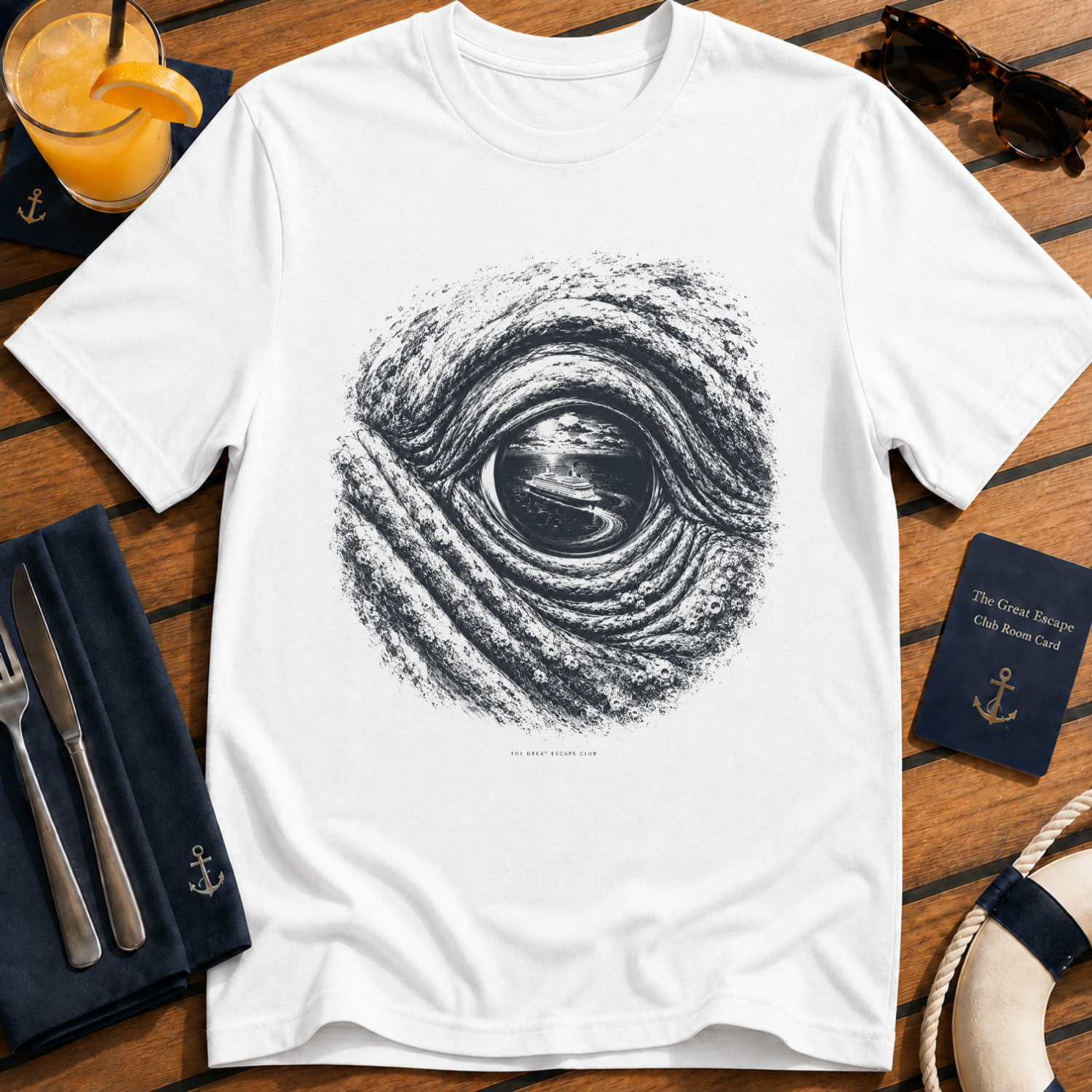 Whale Eye Cruise Reflection ocean whale cruise t-shirt design on White shirt