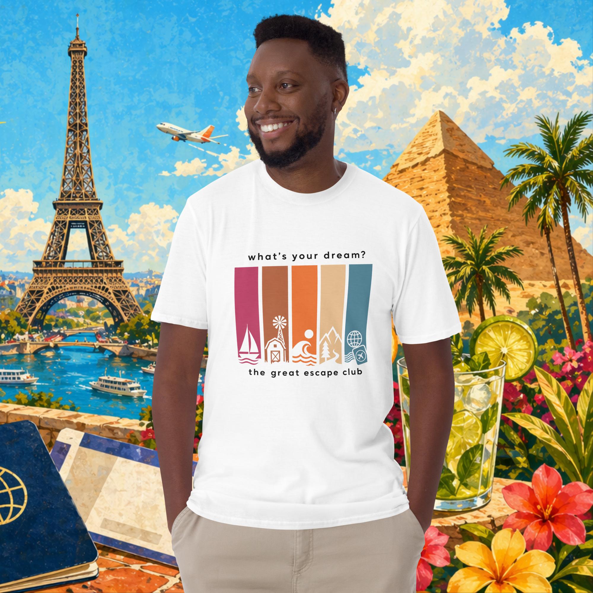 Man wearing a t-shirt with travel-themed design in front of a colorful travel collage.