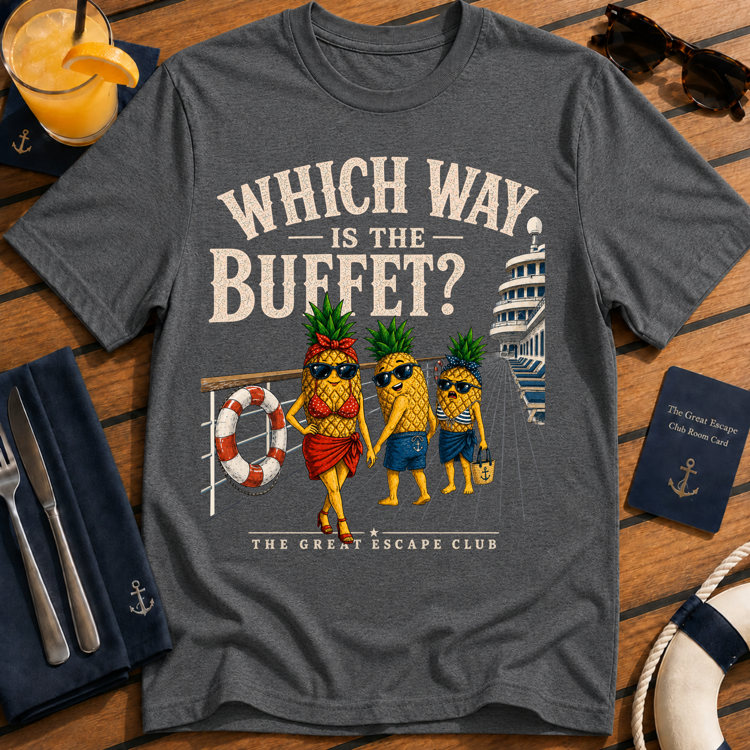 Which Way Is The Buffet funny cruise buffet t-shirt design on Dark Heather shirt
