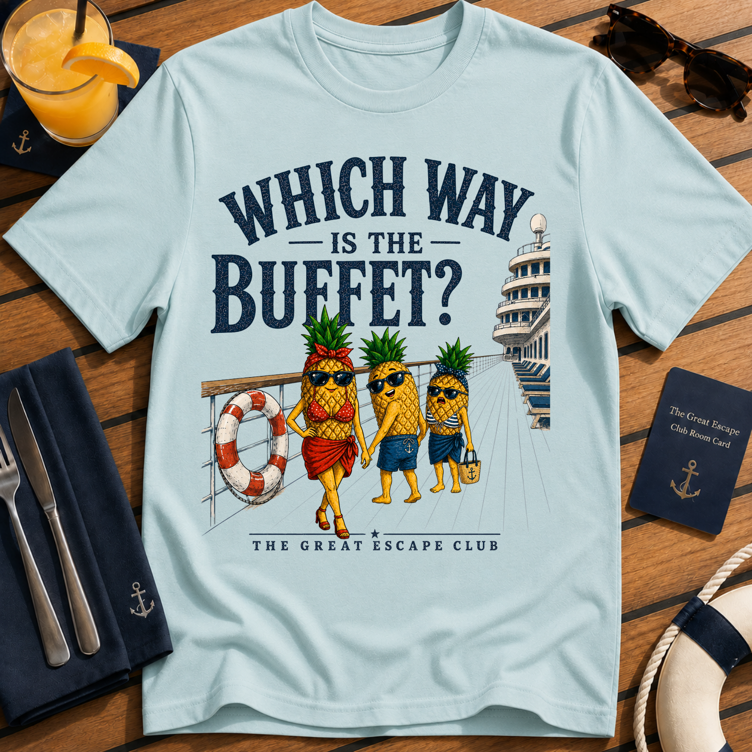 Which Way Is The Buffet funny cruise buffet t-shirt design on Light Blue shirt