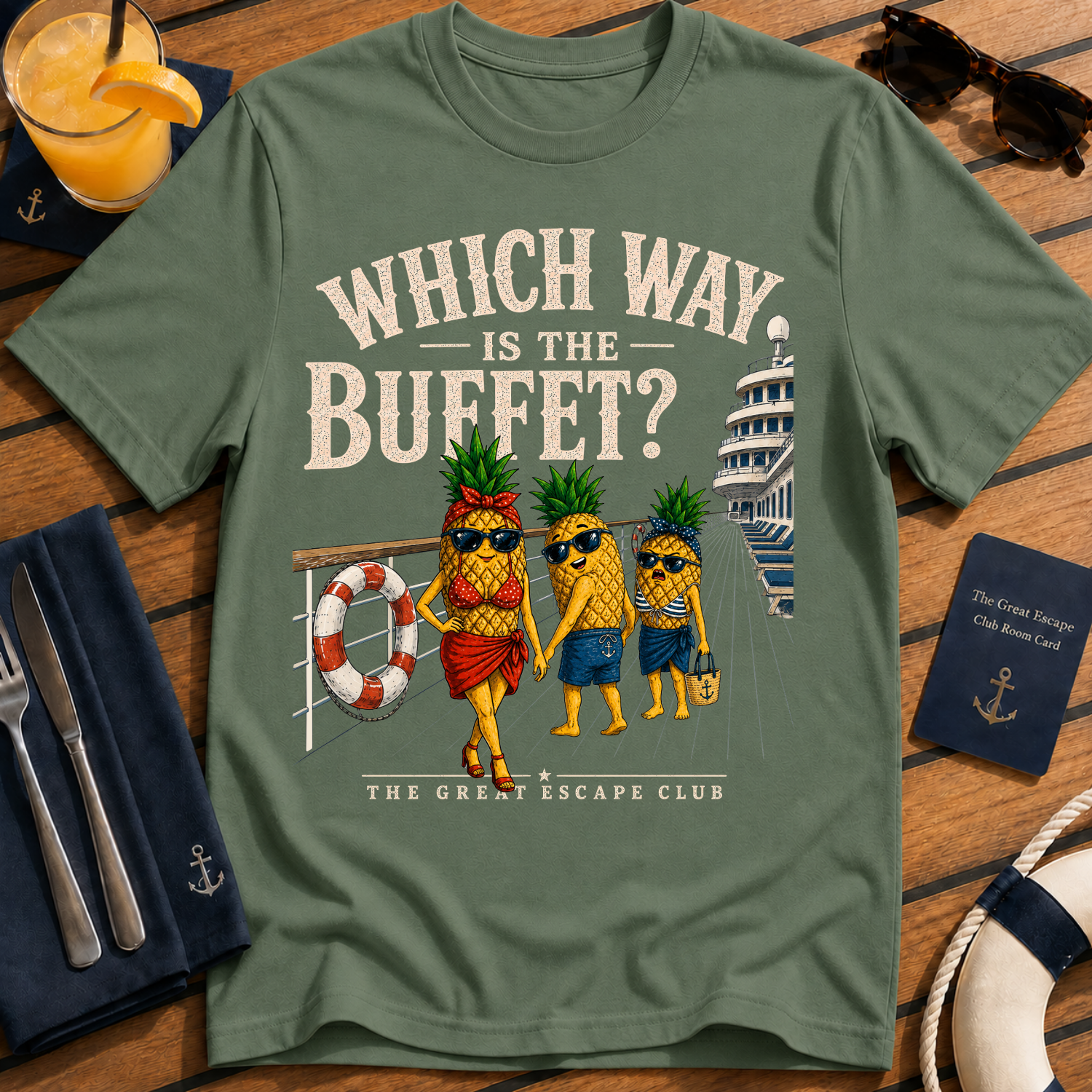 Which Way Is The Buffet funny cruise buffet t-shirt design on Military Green shirt