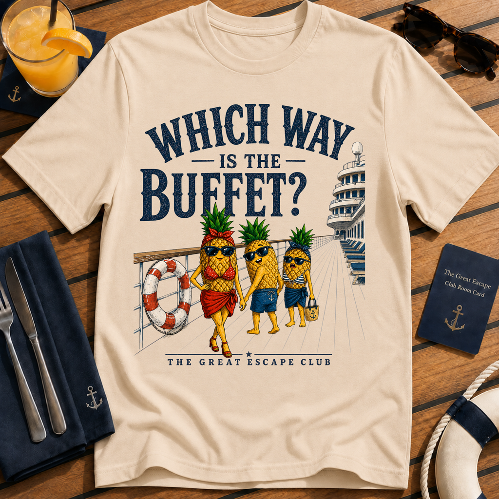 Which Way Is The Buffet funny cruise buffet t-shirt design on Natural shirt