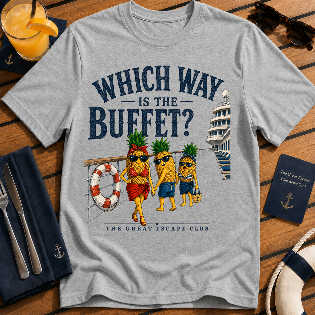 Which Way Is The Buffet funny cruise buffet t-shirt design on Sport Grey shirt