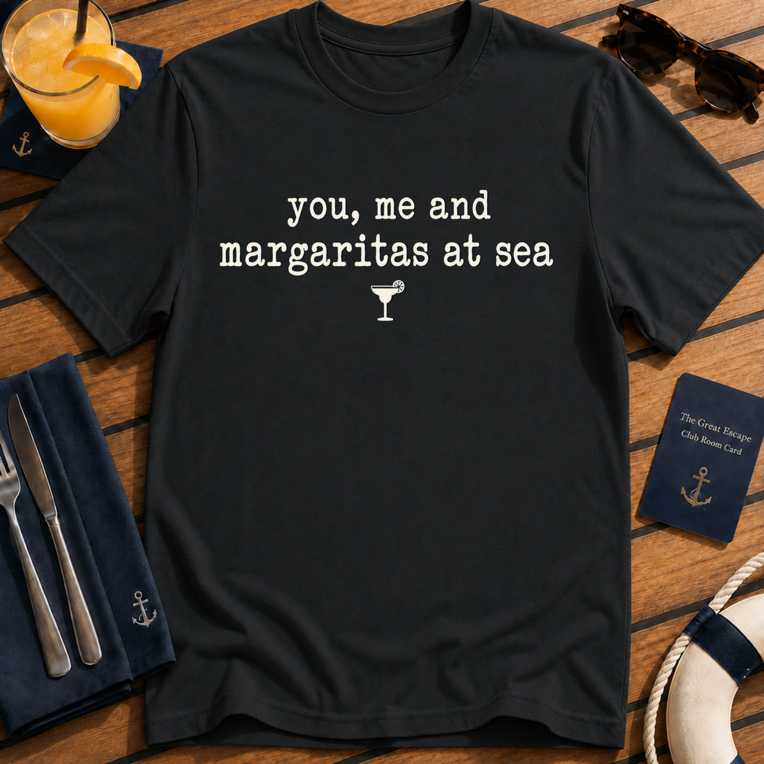 You, Me and Margaritas at Sea margarita cruise t-shirt design on Black shirt