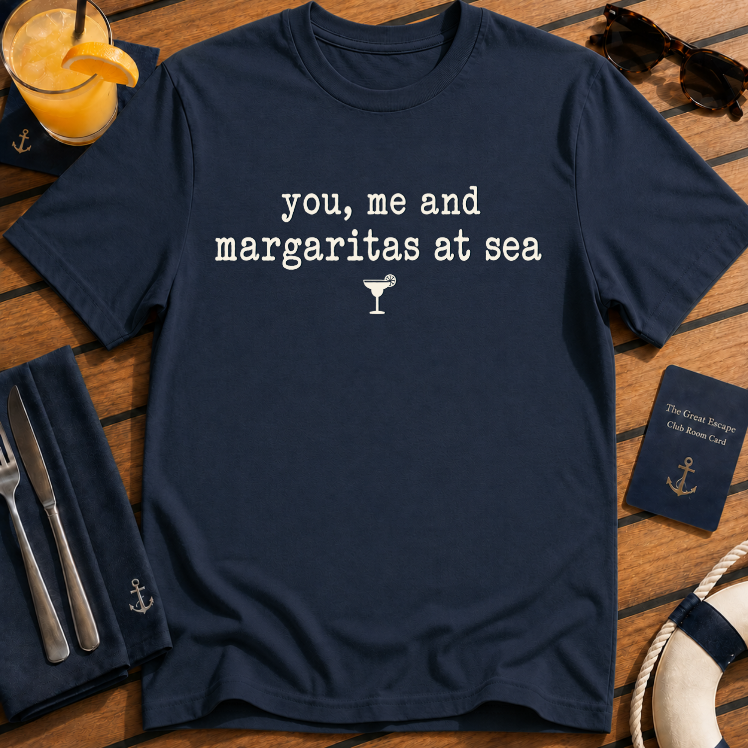 You, Me and Margaritas at Sea margarita cruise t-shirt design on Navy shirt