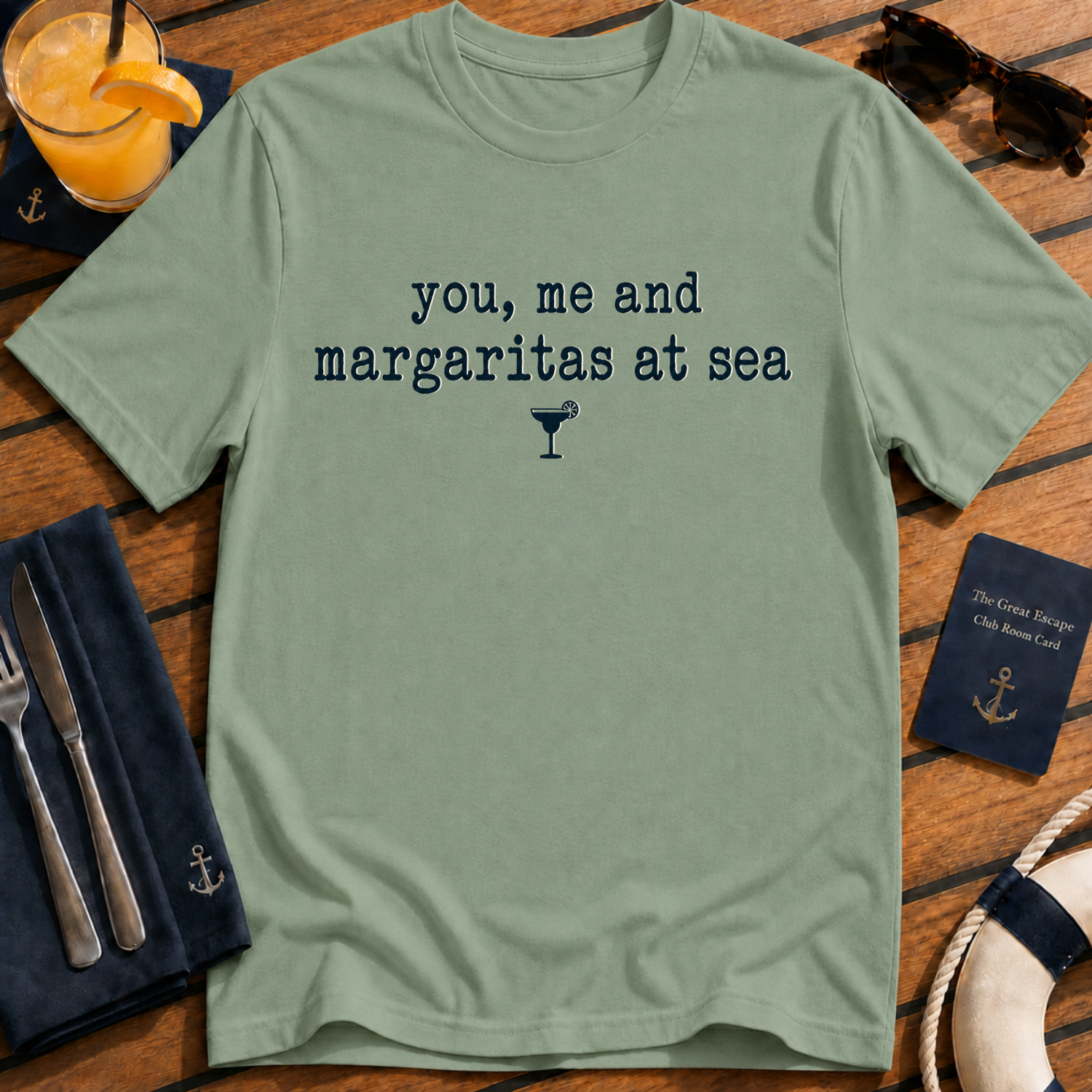 You, Me and Margaritas at Sea margarita cruise t-shirt design on Sage shirt